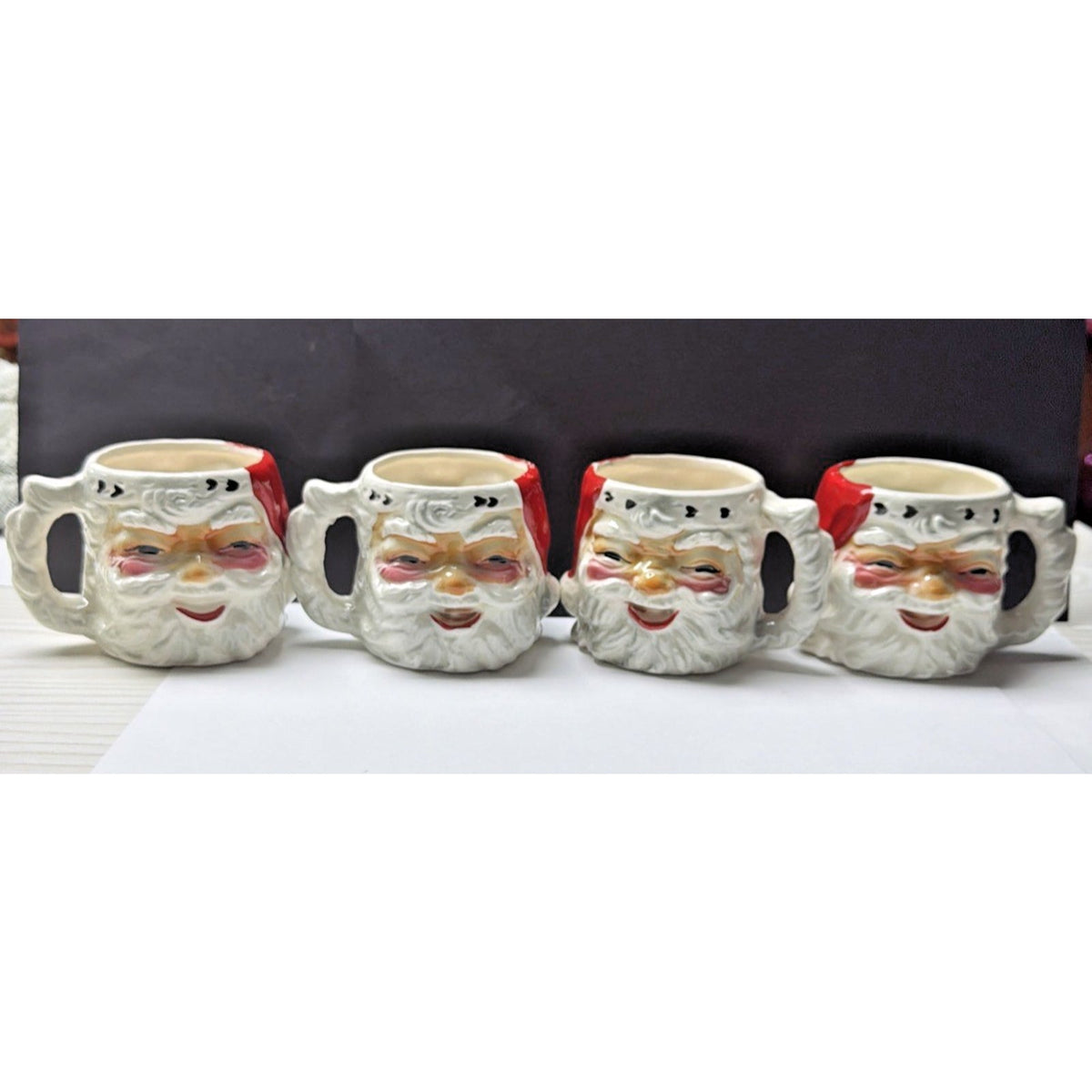 Vintage Lot of 4 Hand Painted Santa Porcelain Ceramic Mugs Double Sided As Is