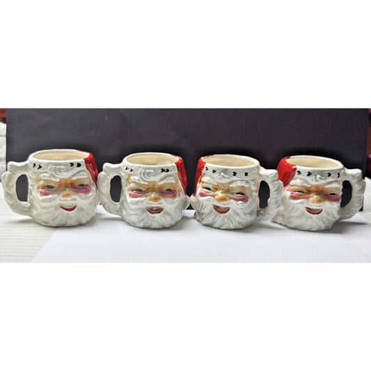 Vintage Lot of 4 Hand Painted Santa Porcelain Ceramic Mugs Double Sided As Is