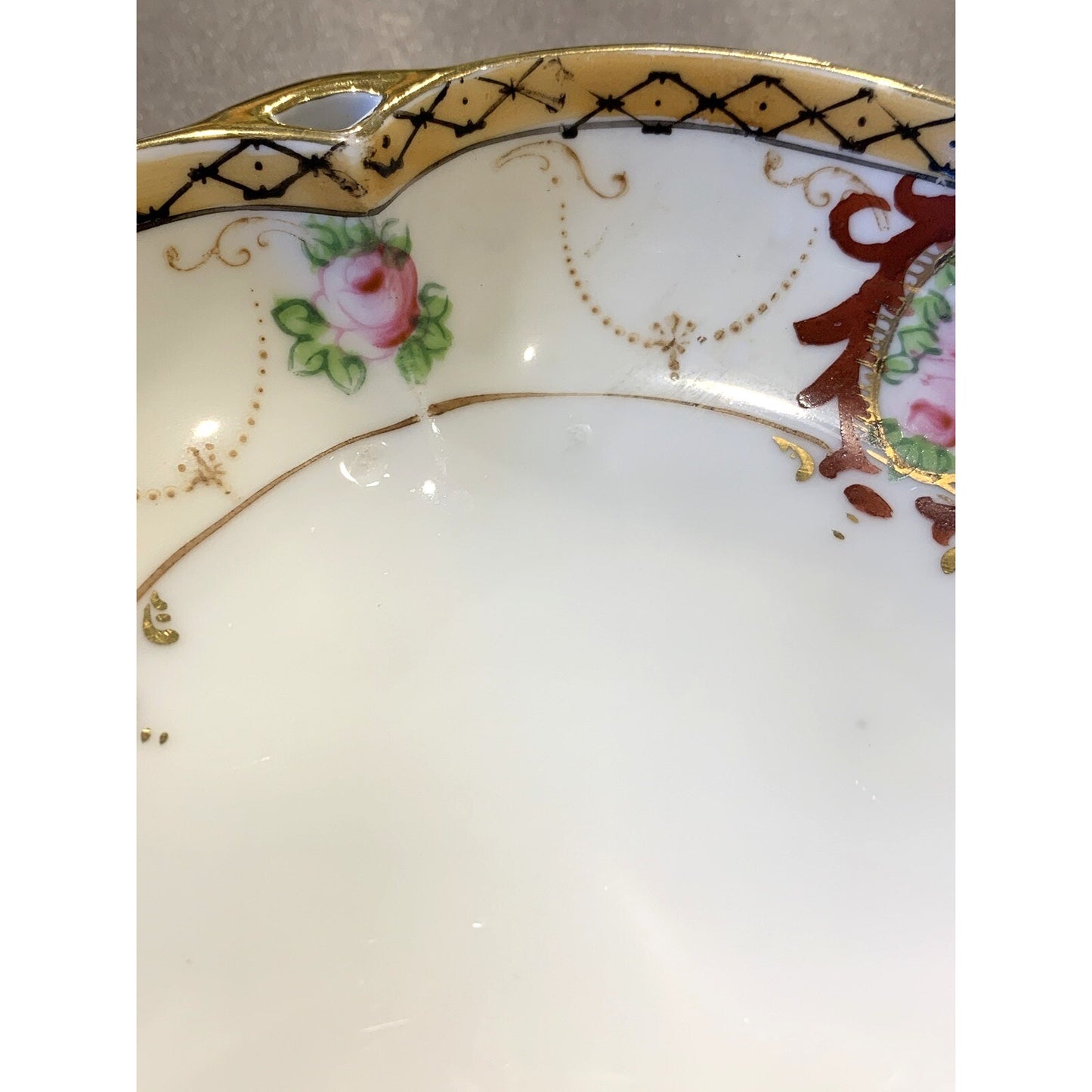 Noritake Morimura Japan Hand Painted Roses Floral Bowl Reticulated Handles Gold
