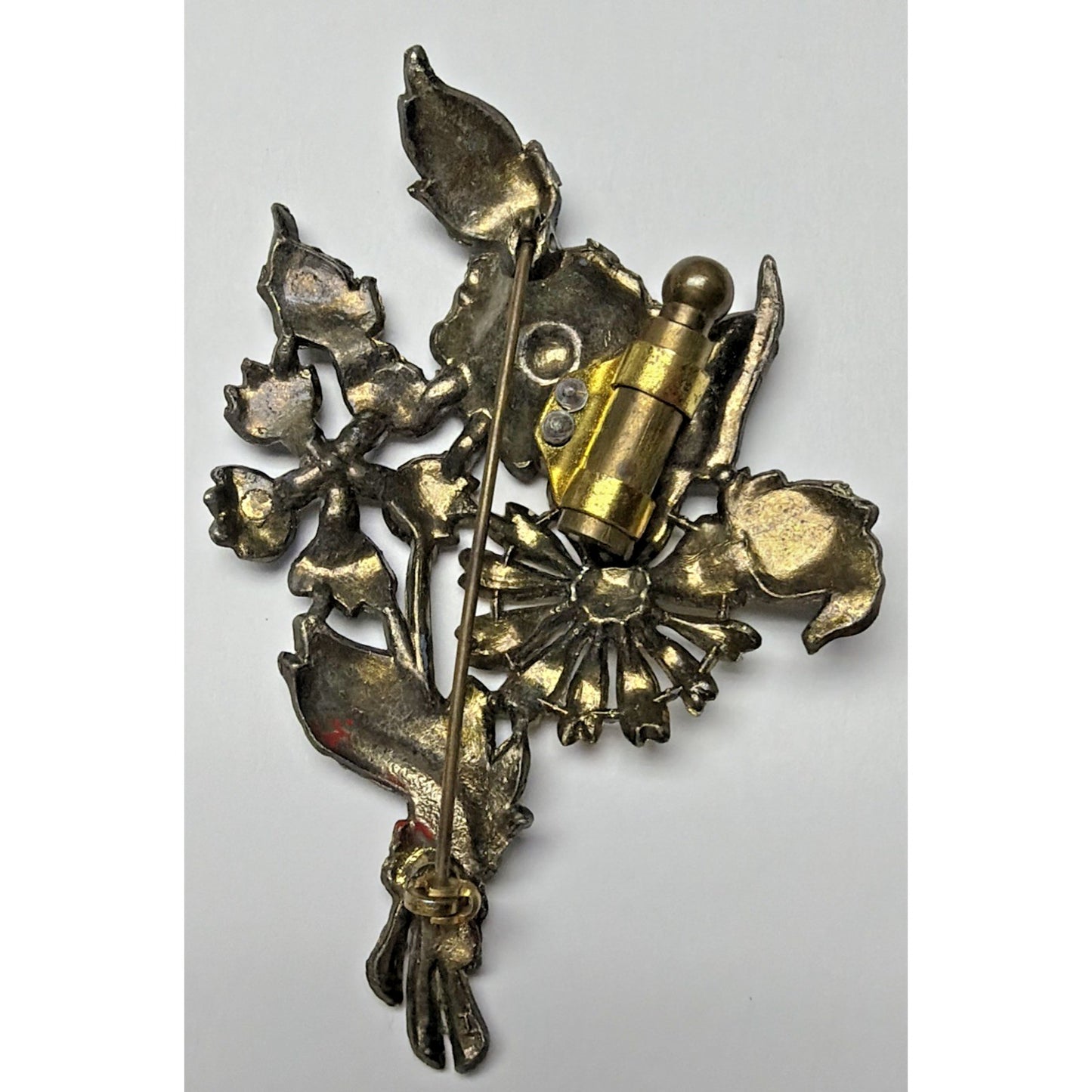 Art Deco Enamel Flower Brooch Bouquet Brass Vial Rhinestone Pot Metal As Is