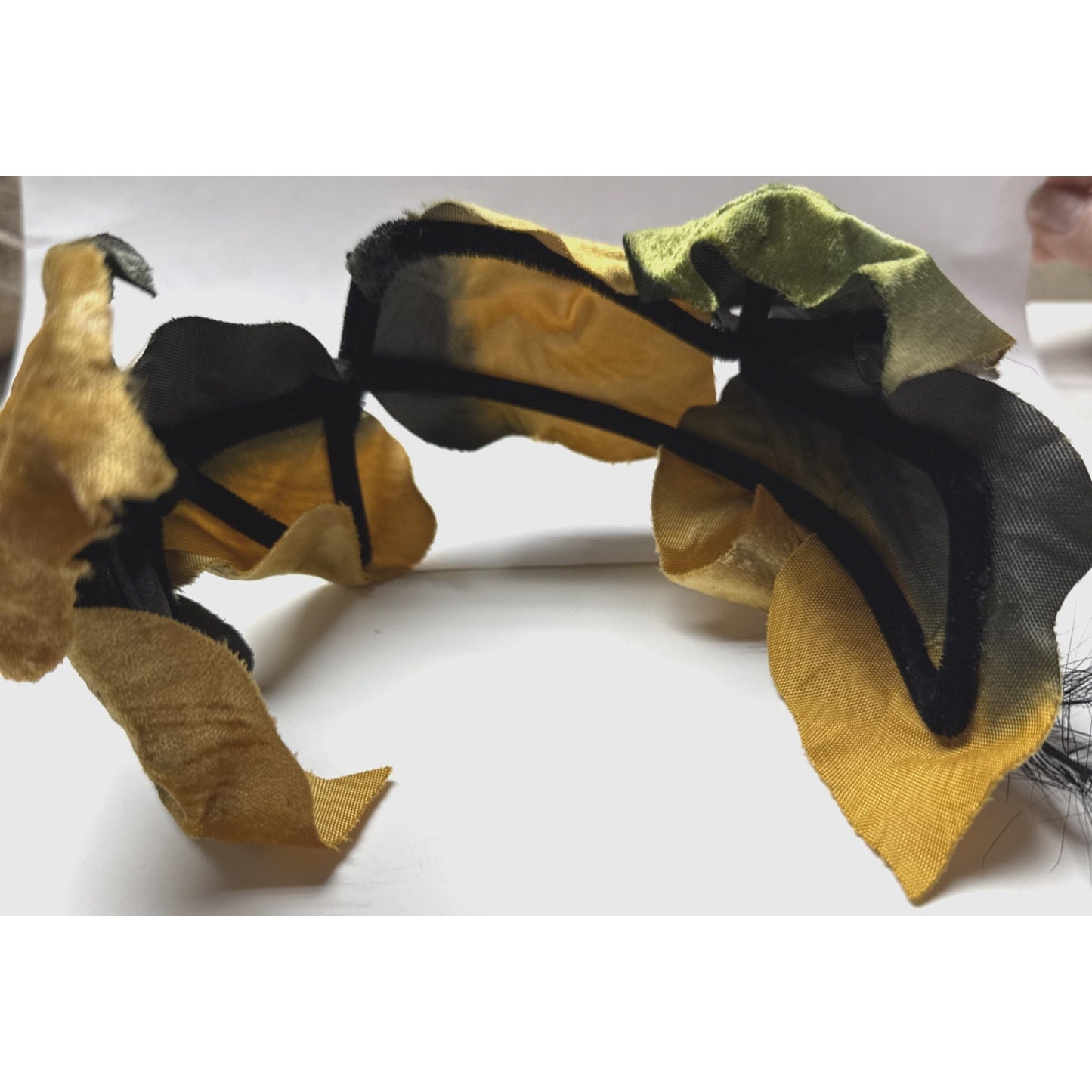 Vintage Metallic Velvet Maple Leaf Half Hat Fascinator Gold Black Feather