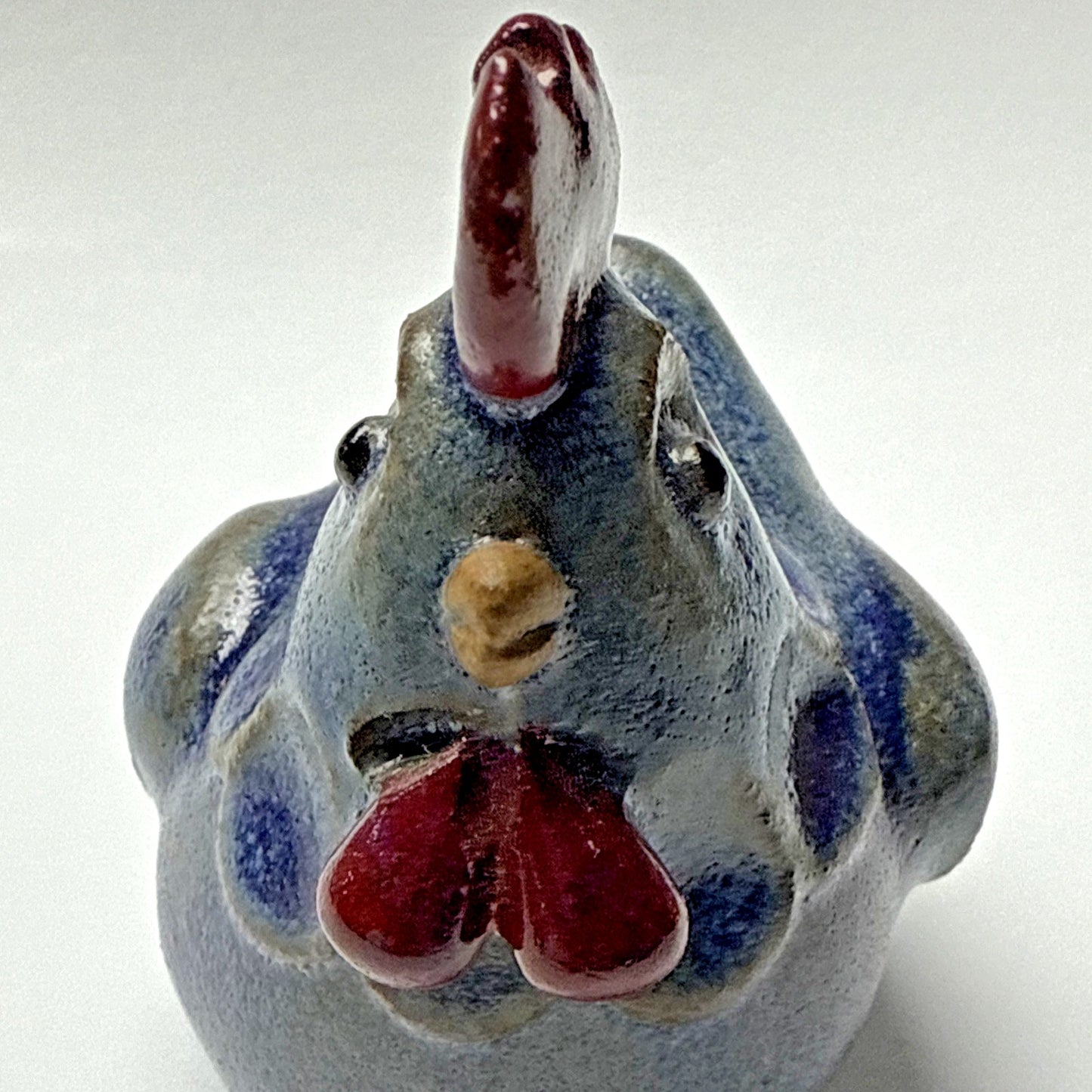 Vintage Folk Art Stoneware Hen Rooster Chicken Figurine Blue Red Glazed