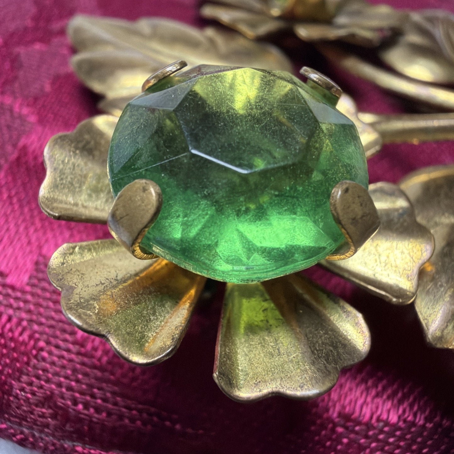 Vintage Large Gold Tone Floral Sprig Spray Brooch Pin Green Rhinestones