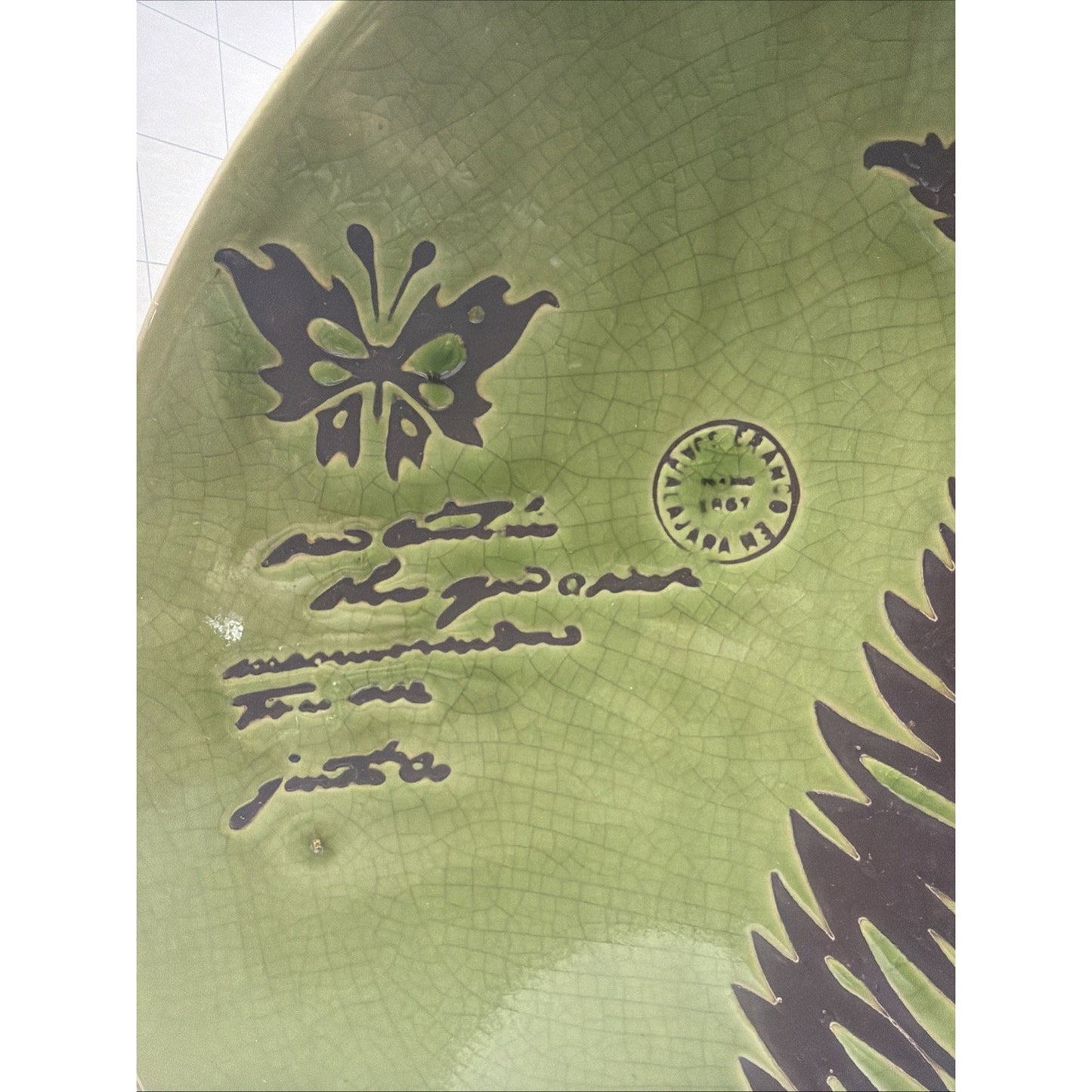 MCM En Franco Guadalajara Pottery Charger Tray Large Crackle Glaze Botanical