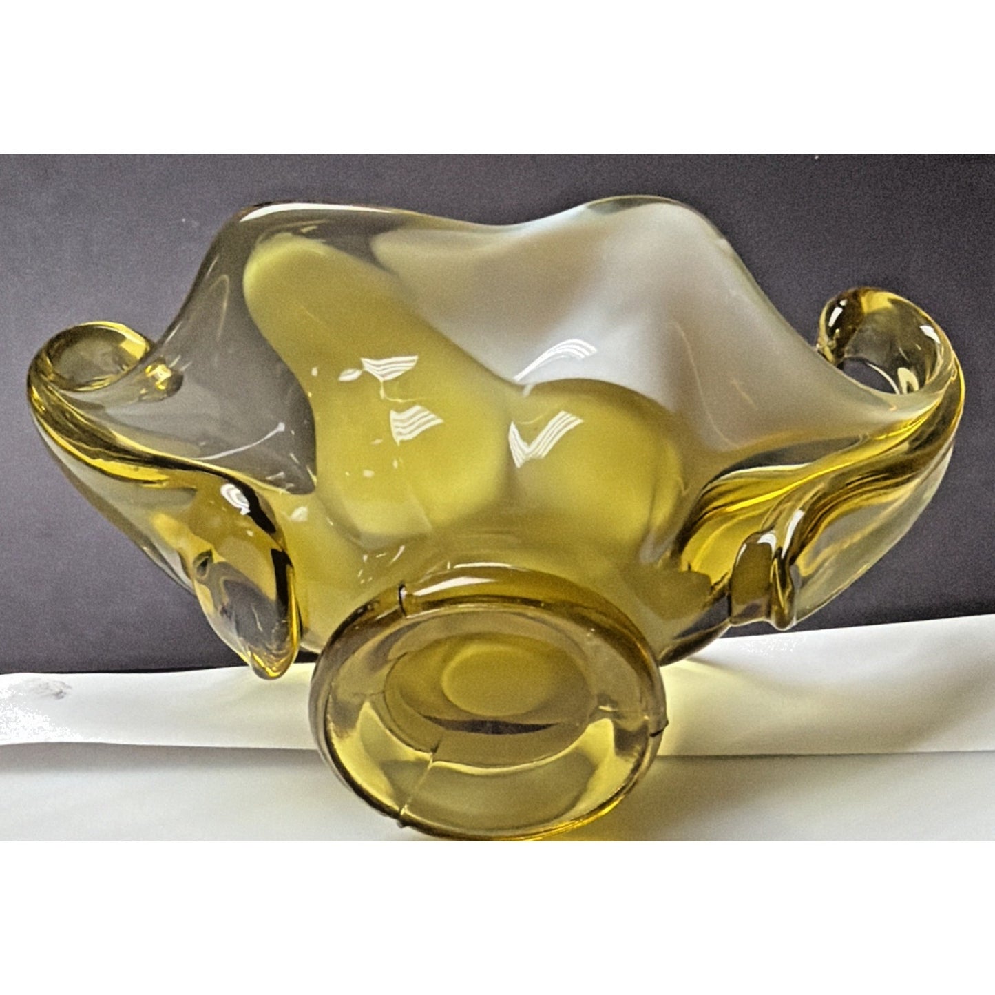 MCM Italian Art Glass Freeform Golden Bowl Amber White Handles Footed Pedestal