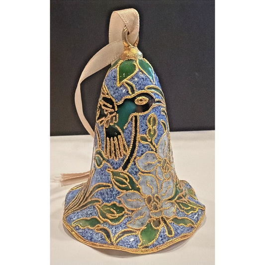 Vintage Enamel Cloisonné Bell Ornament Hummingbird Floral Blue Gold