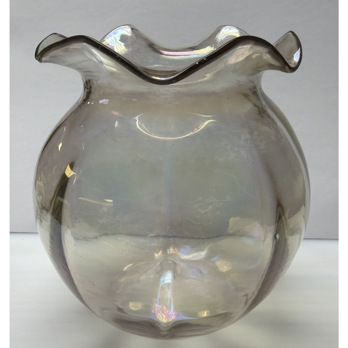 Victorian Loetz Moser Smoke Gray Iridescent Vase Ruffle Optic Rose Bowl As Is