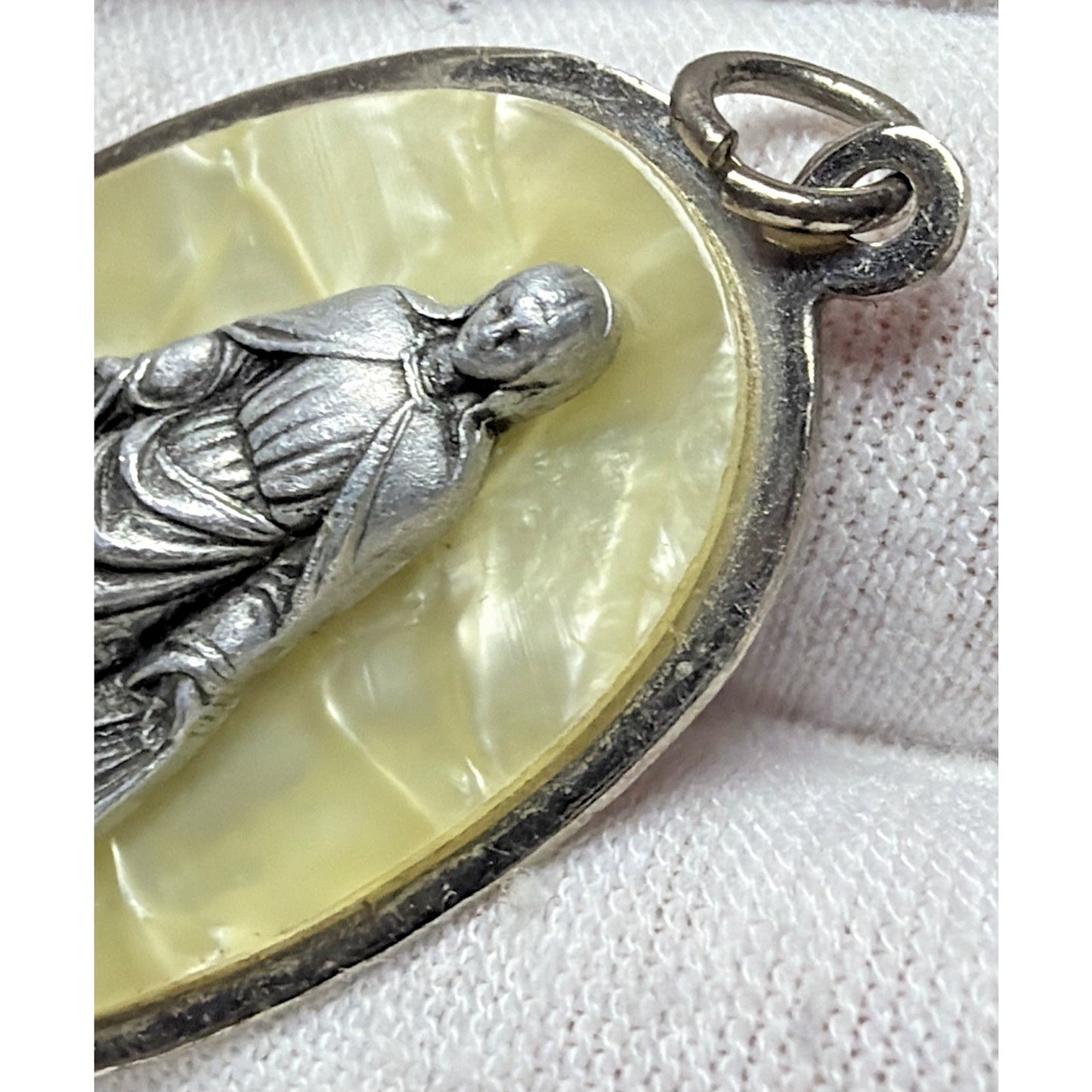 Immaculata Virgin Mary Saint Pendant Silver Metal Faux Mother Pearl Celluloid