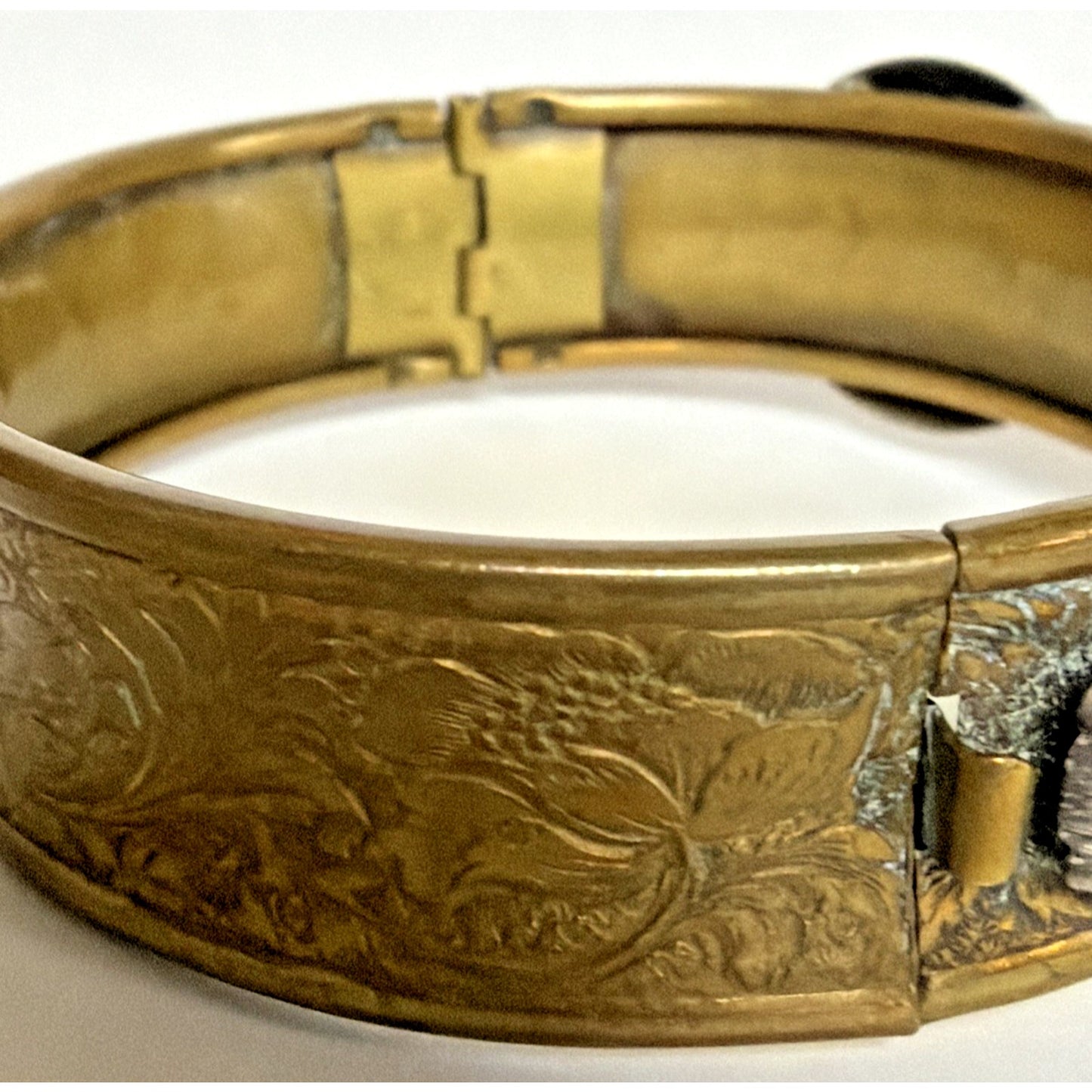 Victorian Brass Hinged Embossed Cuff Bracelet Mixed Metal Concho Western As Is