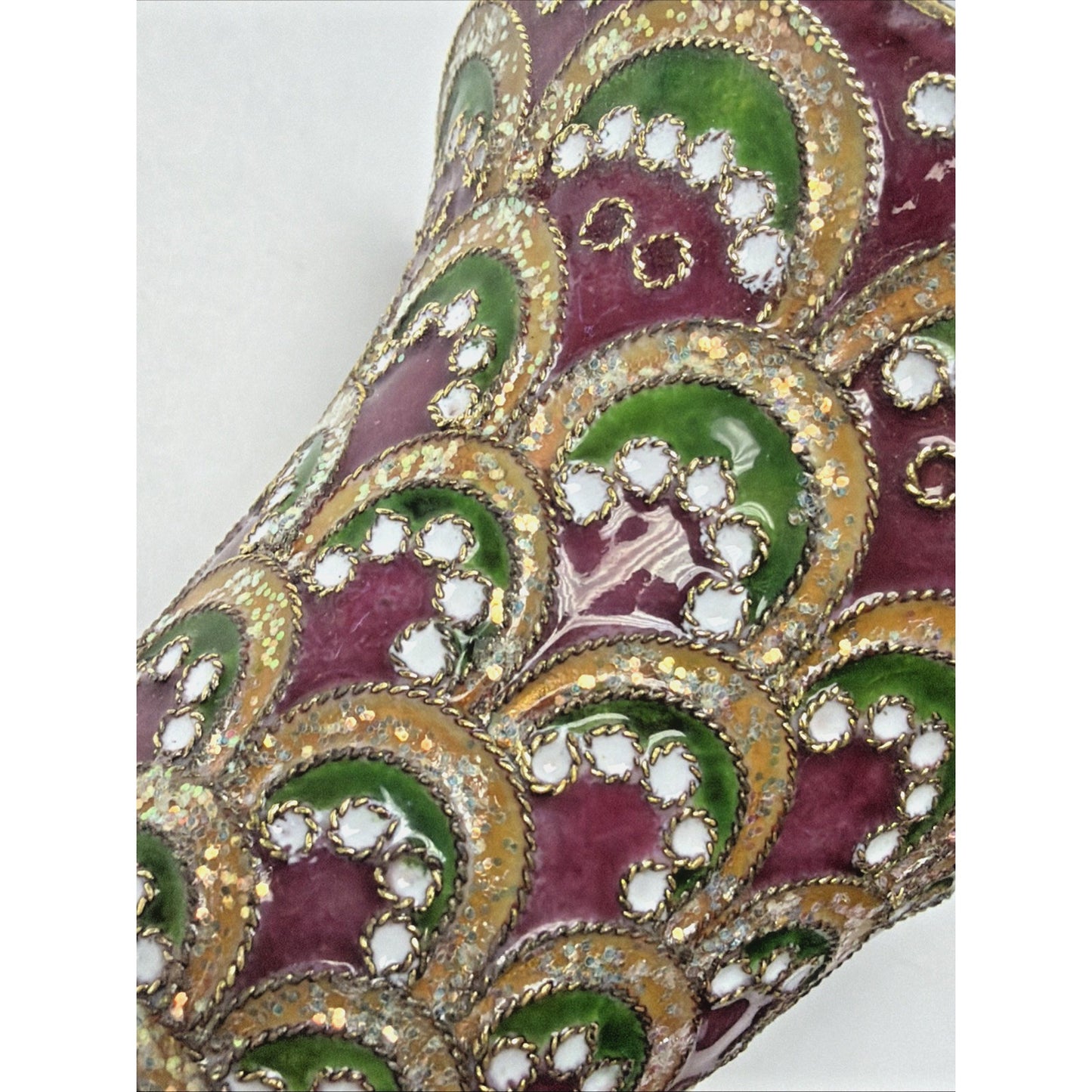 Vtg Enamel Cloisonné Bell Ornament Purple Green Gold Scallop Tree Feather As Is