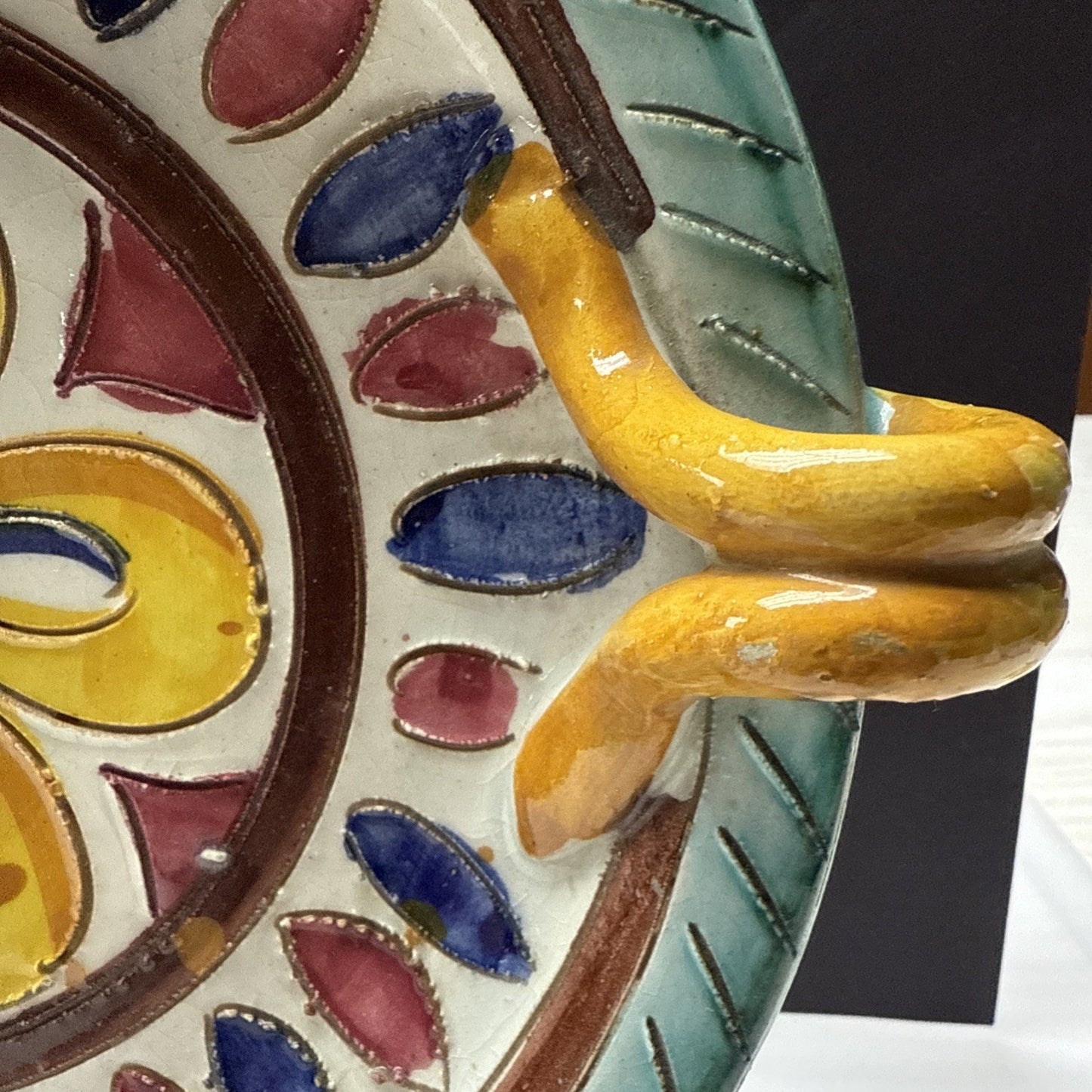 MCM Italy Sgraffito Pottery Cache Candle Base Dish Hand Painted Flower Handles