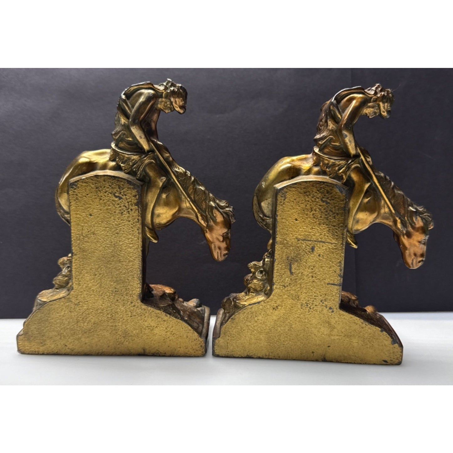 Vintage Ronson Metal Art Horse Rider Bookends Set End of the Trail Cowboy As Is