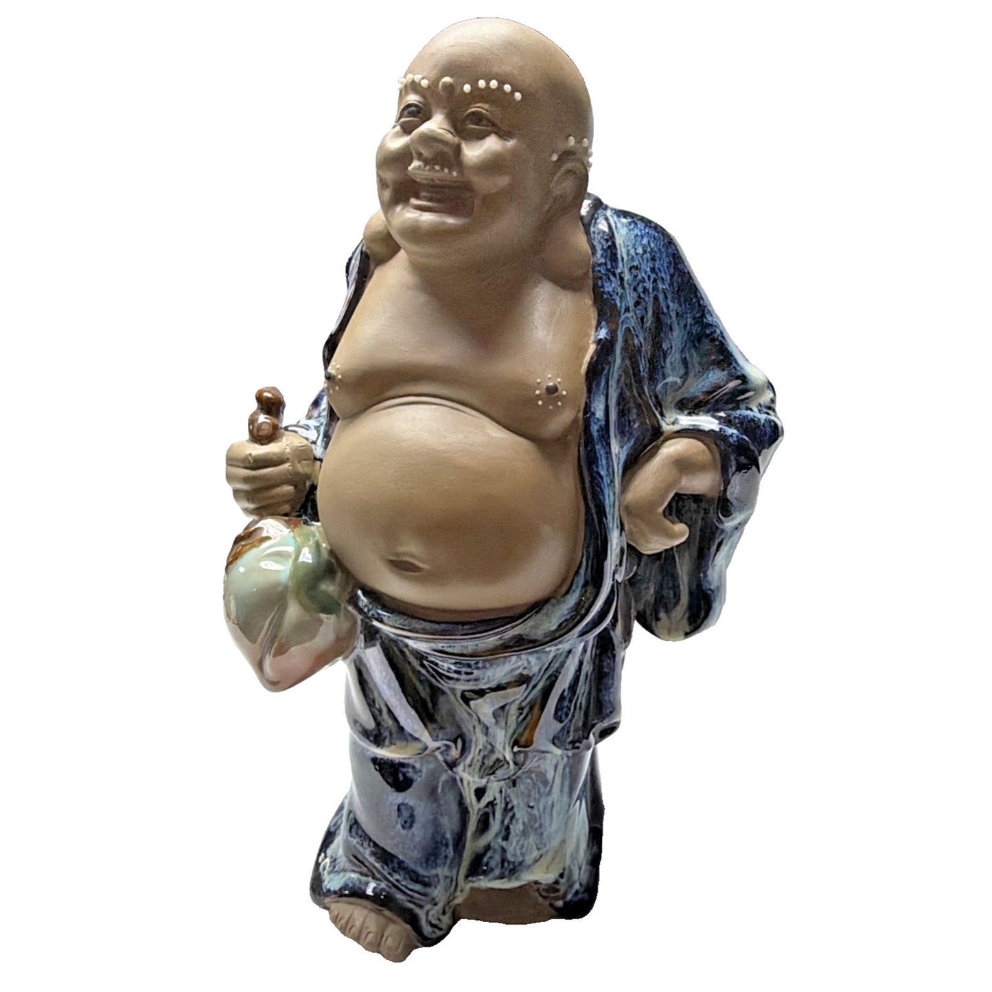 Shiwan Mudman Pottery Chinese Blue Flambe Glazed Happy Buddha Sculpture Hotei