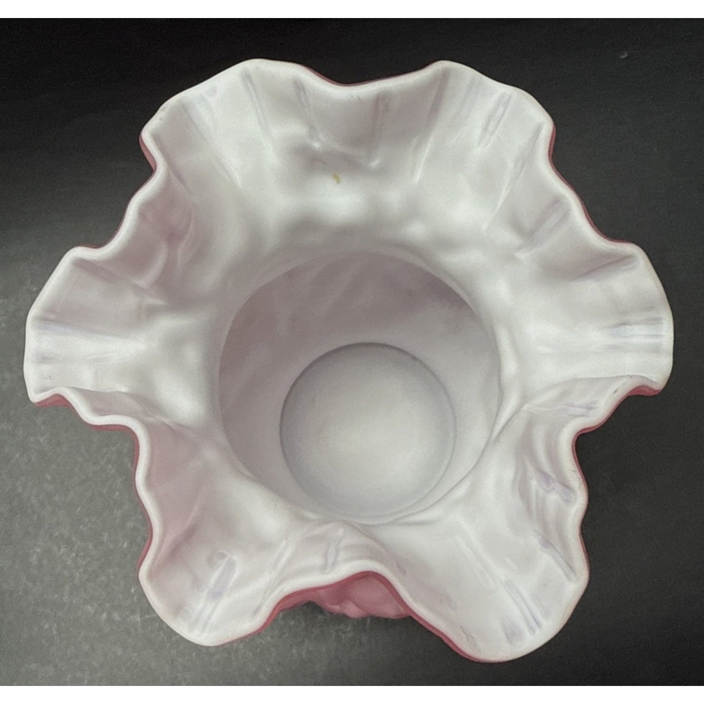 Vintage Fenton LG Wright Embossed Puffy Rose Pink Overlay White Satin Vase As-Is