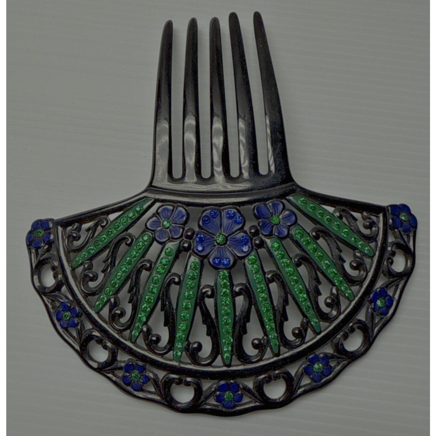 Art Deco Large Fan Shape Hair Comb Black Celluloid Rhinestone Flower Blue Green