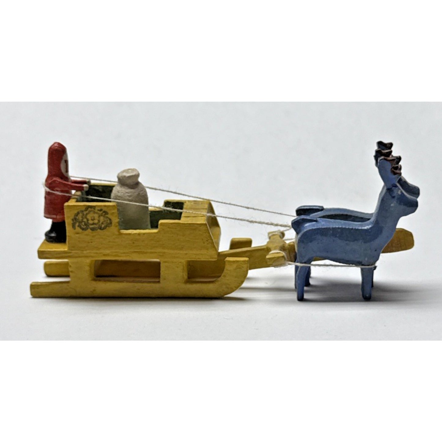 Old Erzgebirge Putz Toy Miniature Wood Santa Sleigh Reindeer Bag Christmas As-Is