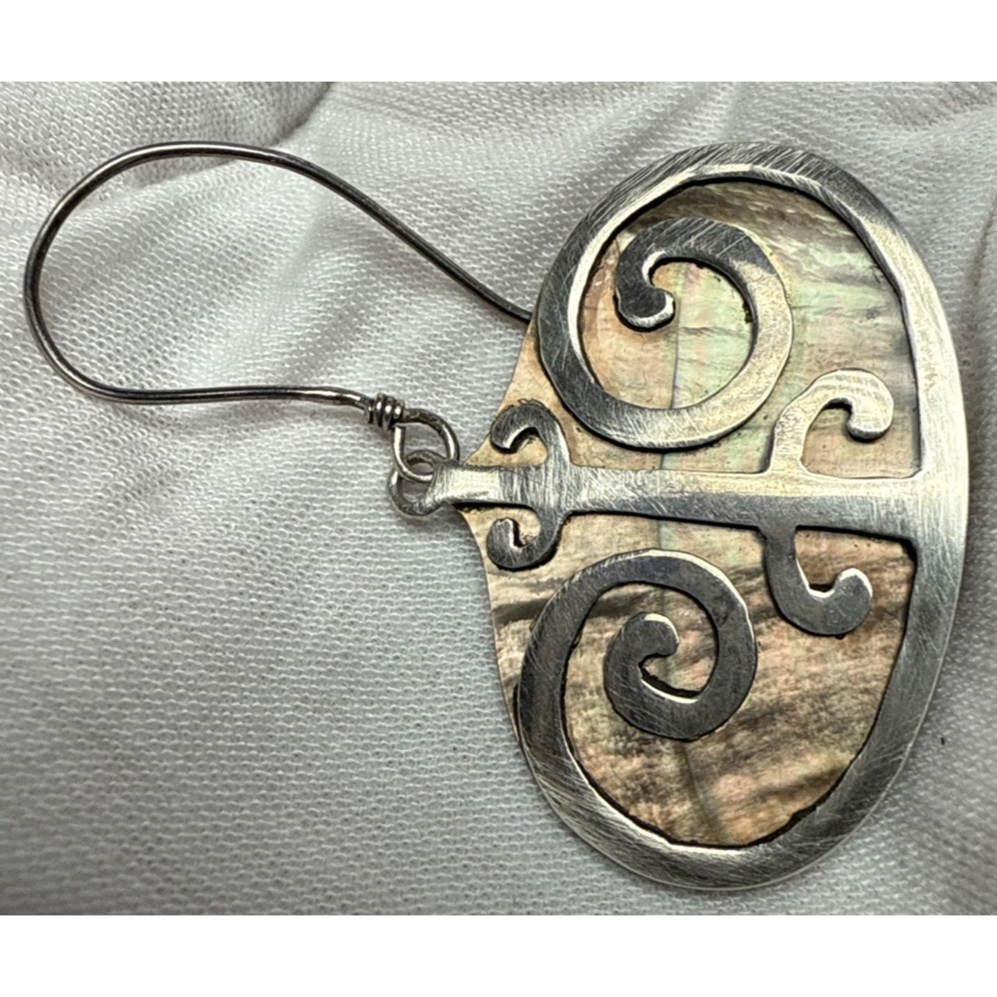 Vintage Sterling Silver Overlay Shell Nacre Earrings Large Ornate Filigree