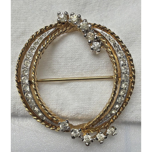 Vintage Van Dell Gold Tone Rhinestone Circle Wreath Brooch Pin