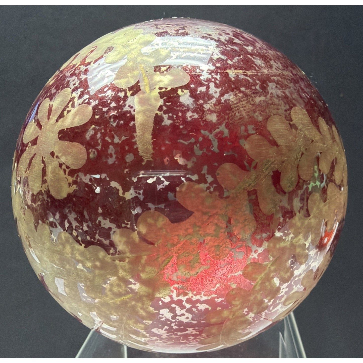 Pottery Barn Red Mottle Mercury Glass Ornament Gold Etched Snowflake As Is Read
