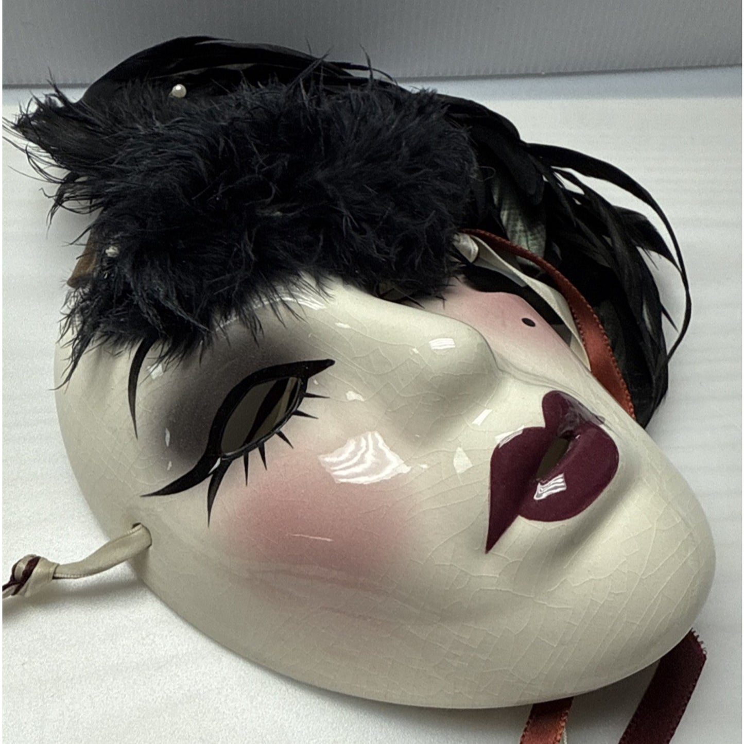 Unique Creations Ceramic Glazed Mask Feathers Pearl Signed Sticker 318/500 As-Is