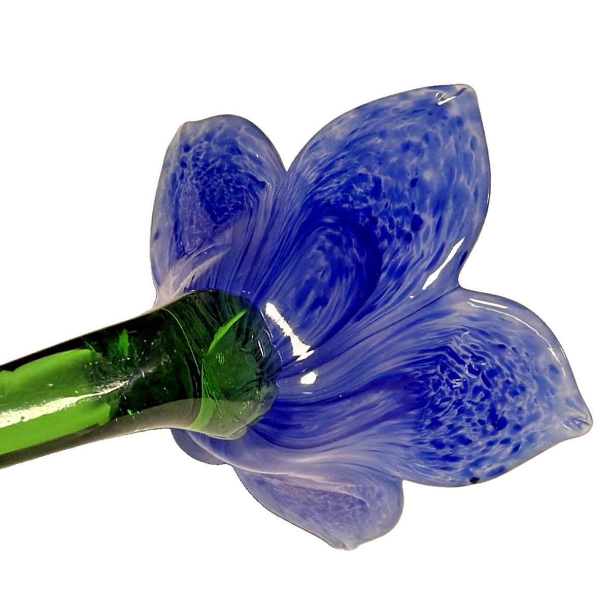 Vtg Hand Blown Art Glass Long Stem Flower Green Stem Blue Mottled Pink Center