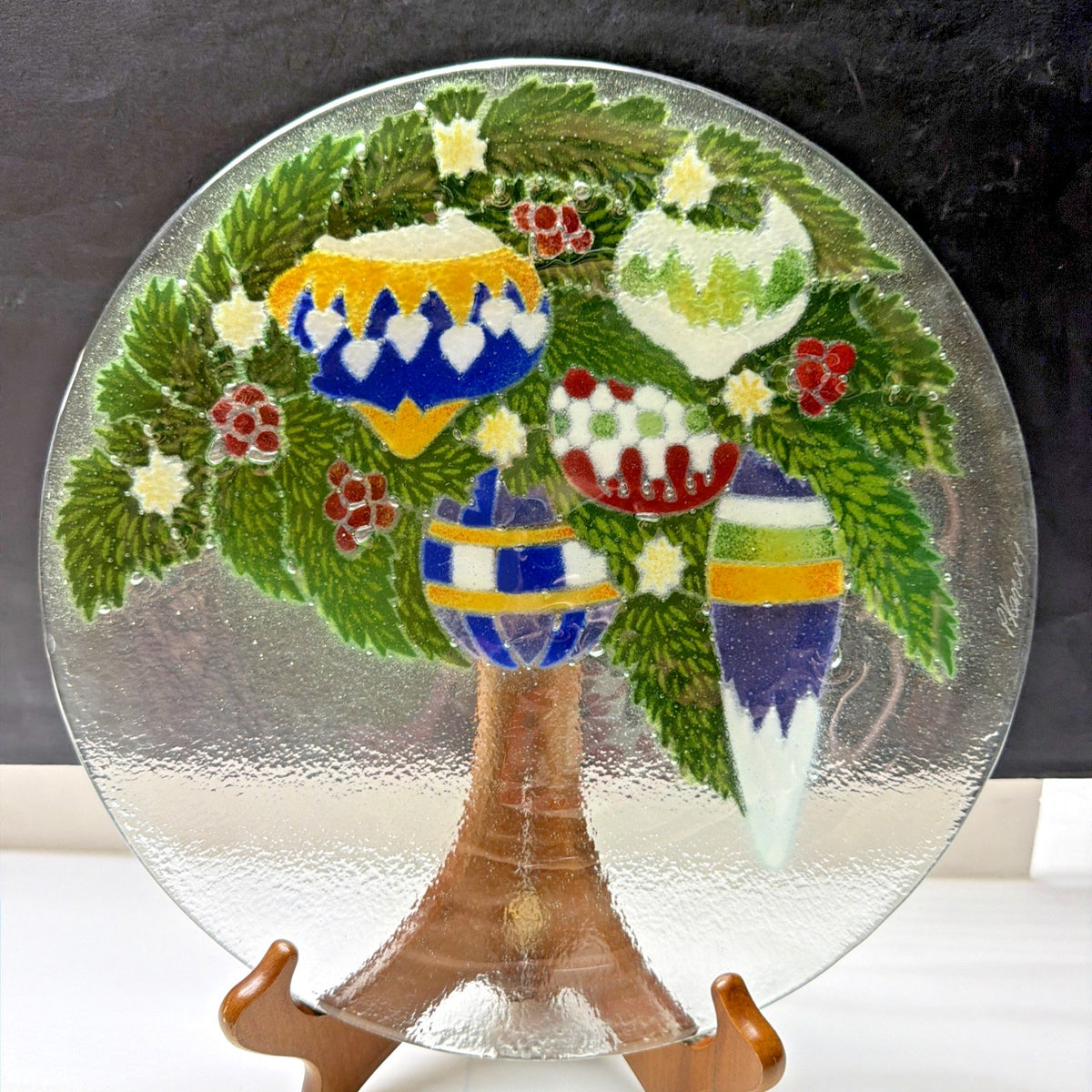 Vintage Peggy Karr Fused Glass Holiday Ornaments Holly Platter Signed