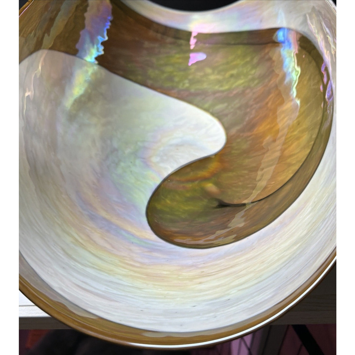 Yalo Murano Vetro Art Glass Bowl Folded Iridescent Ivory Gold Swirl 21"
