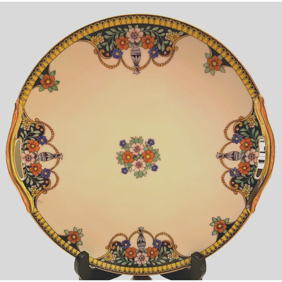 Art Deco Noritake Morimura Japan Hand Painted Serving Plate Handles Black Floral