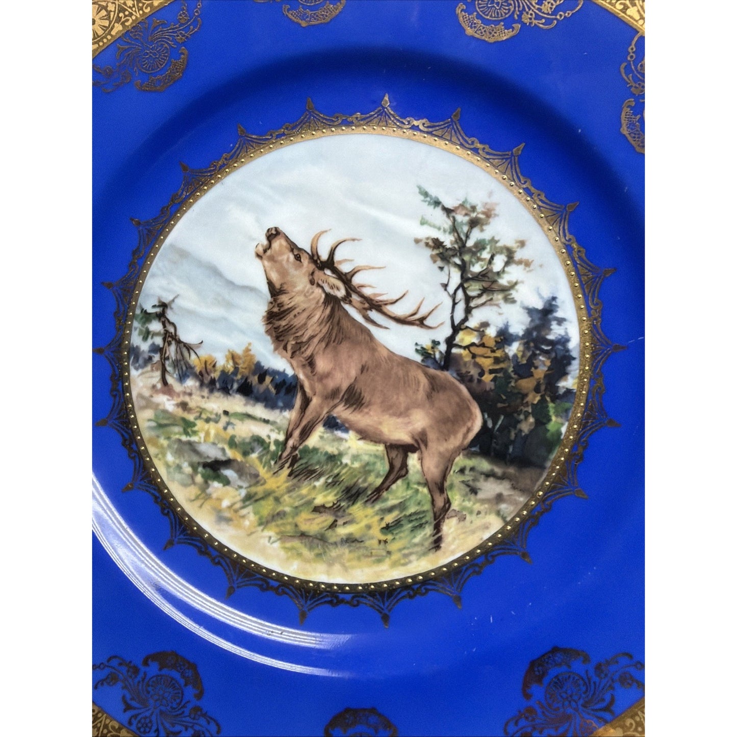Vintage STW Bavaria Cobalt Blue Game Plate Gold Ornate Elk