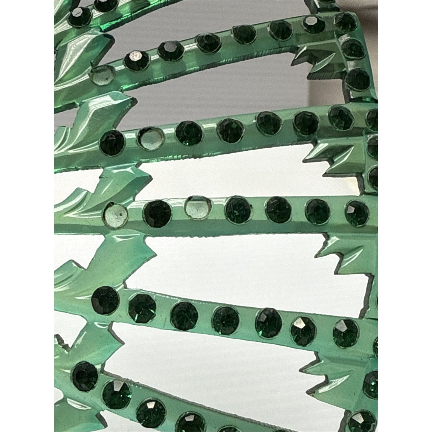 Art Deco Large Fan Shape Hair Comb Green Black Celluloid Rhinestone As-Is