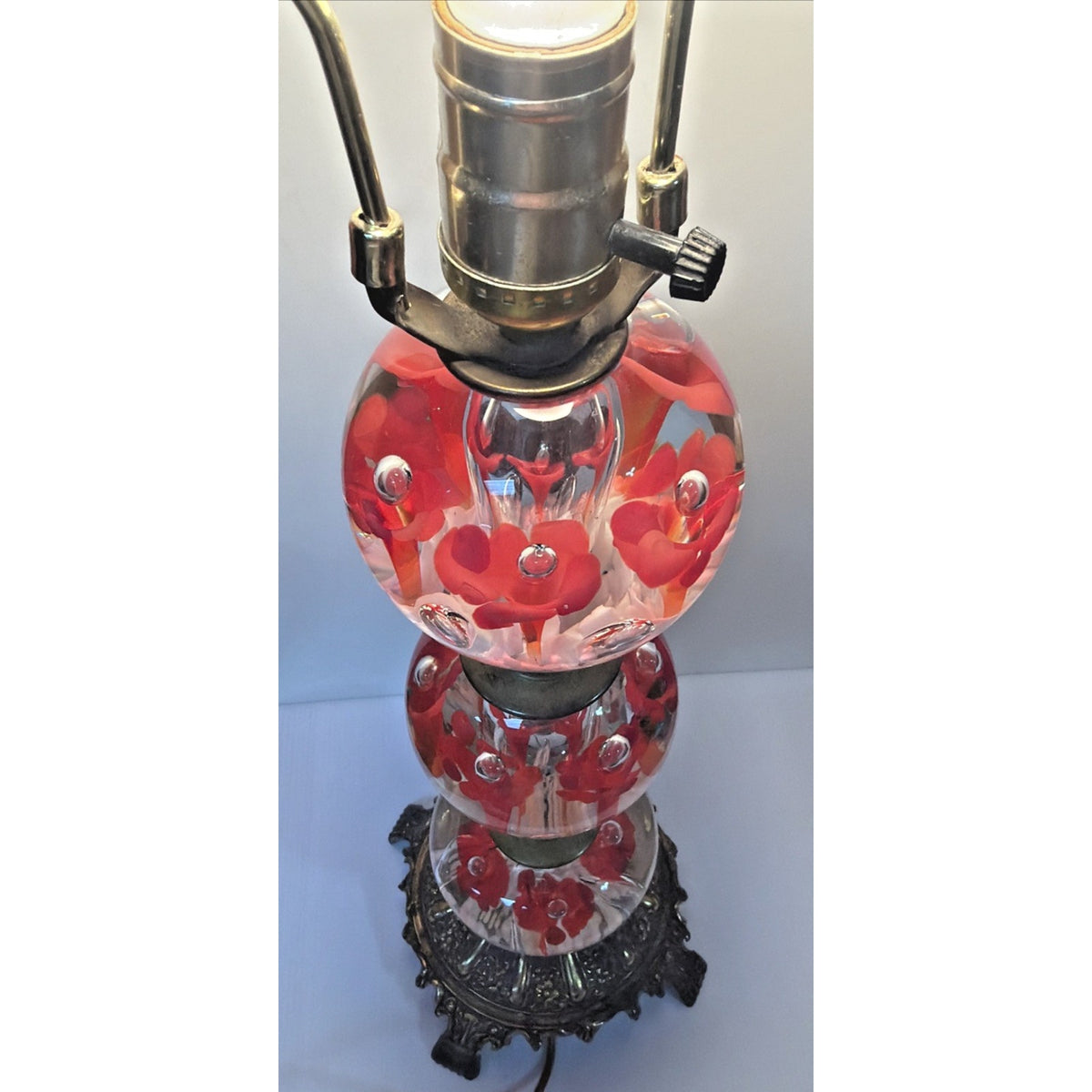 Vtg Clair Joe Rice Art Glass Red Trumpet Flower Lamp Paperweight Ornate L&L WMC