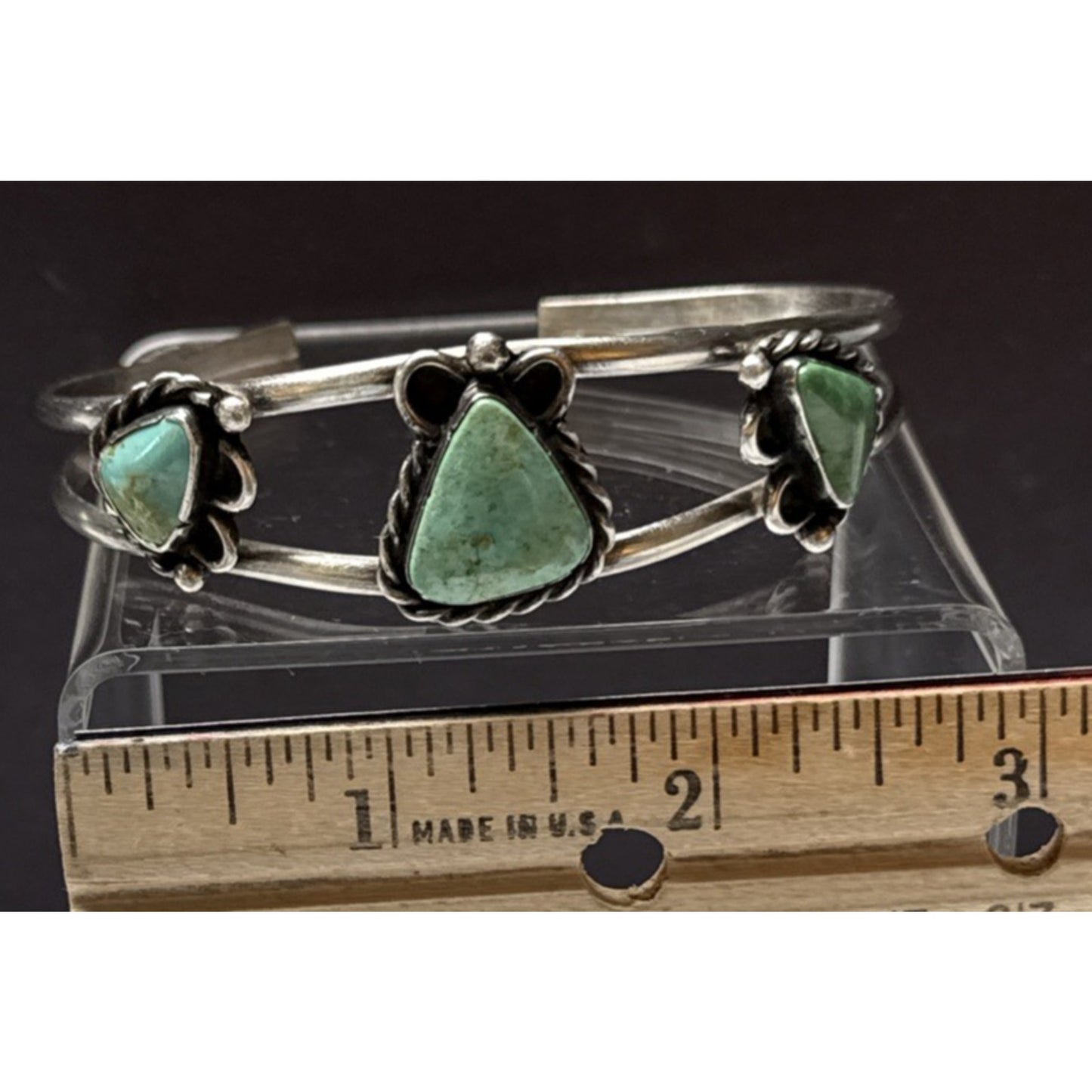 Vintage Native Sterling Silver Turquoise Cuff Bracelet Ornate 3 Stone As Is