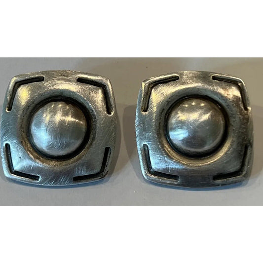 Vintage Southwestern Sterling Silver Square Round Dome Clip On Earrings