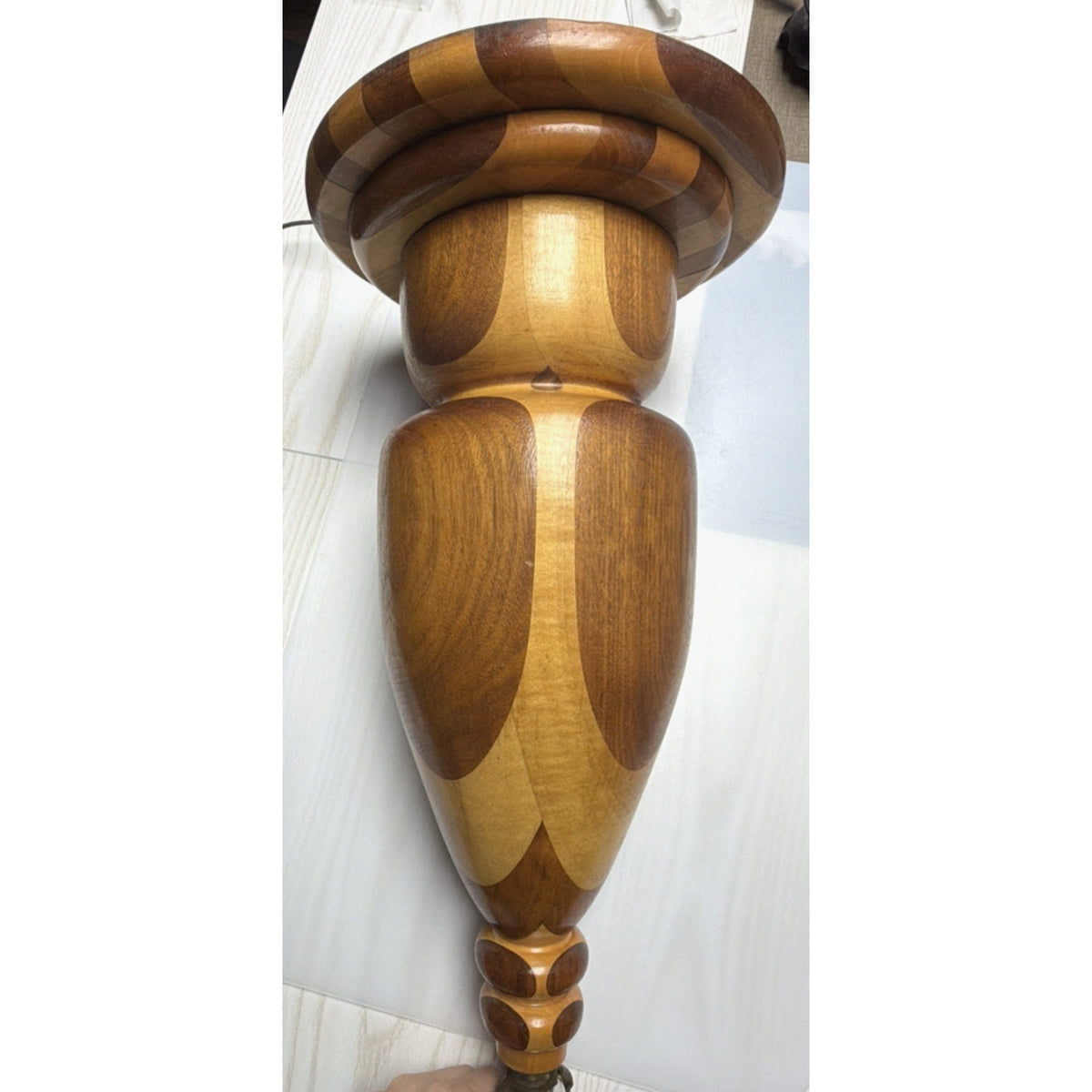 MCM Large Inlaid Wood Hand Turned Table Lamp Marquetry Parquetry No Shade