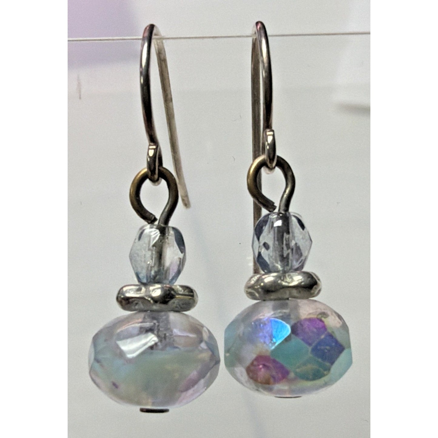 Vintage Sterling Silver Faceted AB Crystal Glass Uranium Dangle Earrings Mottled