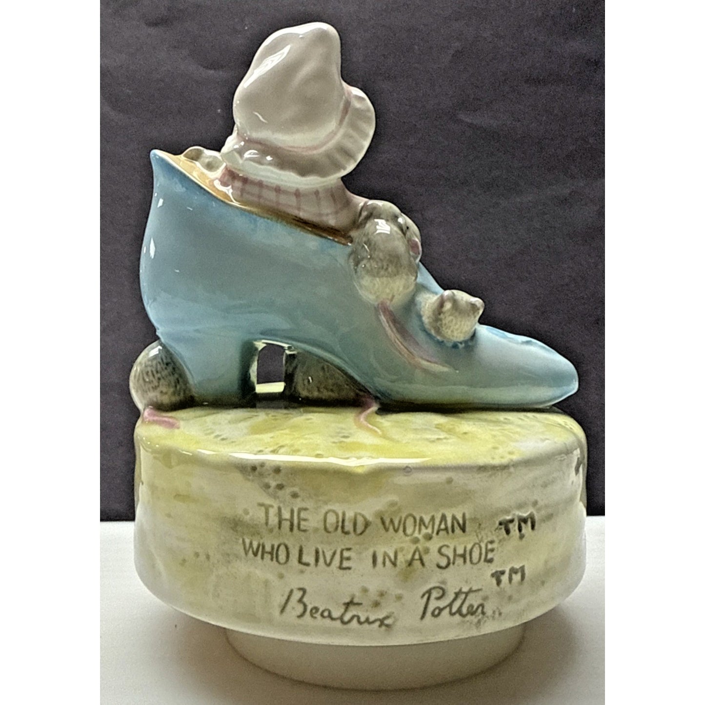 Beatrix Potter Old Woman Who Live in a Shoe Porcelain Schmid Rotating Music Box