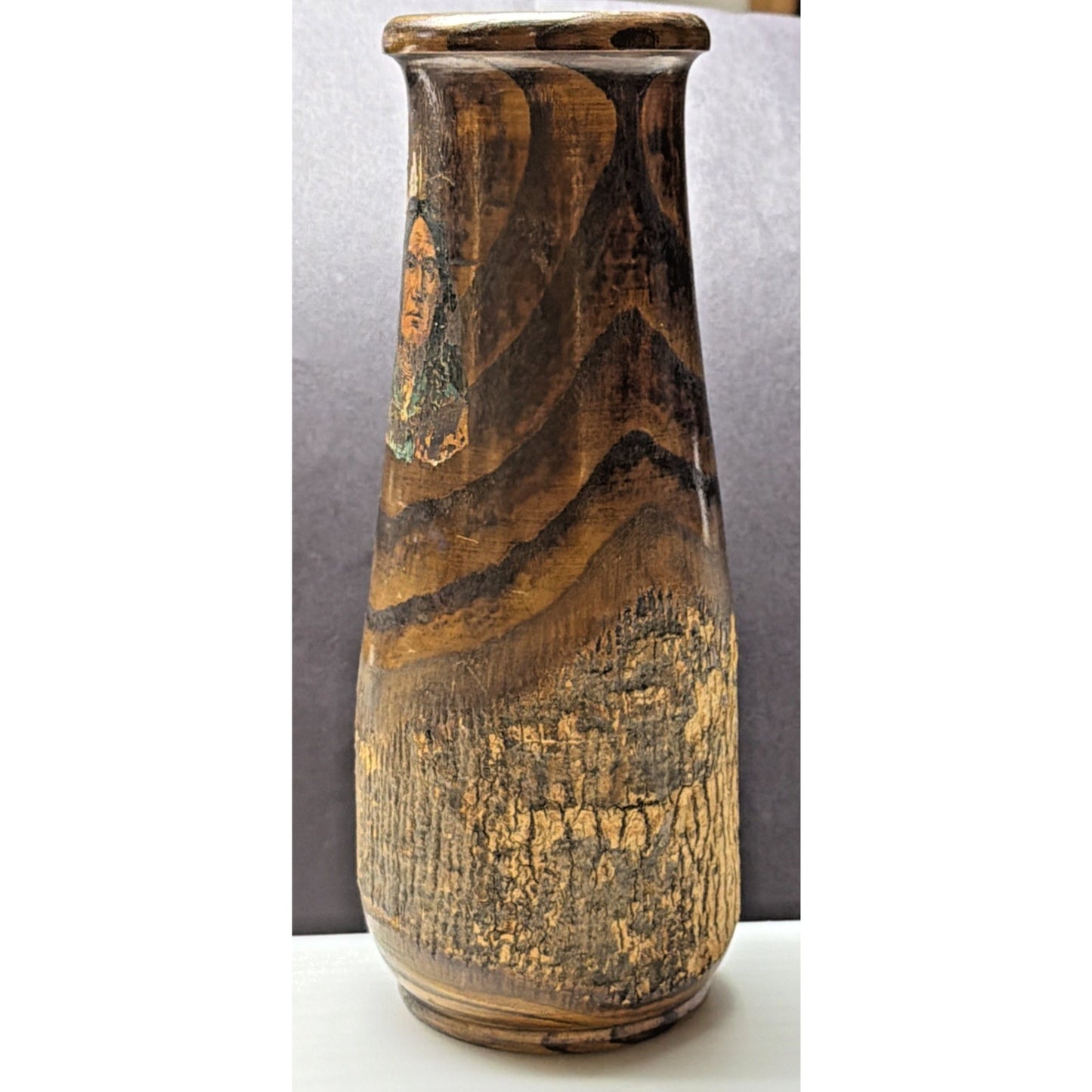 Antique Adirondack Souvenir Wood Turned Vase Bark Native American WI Dells As Is