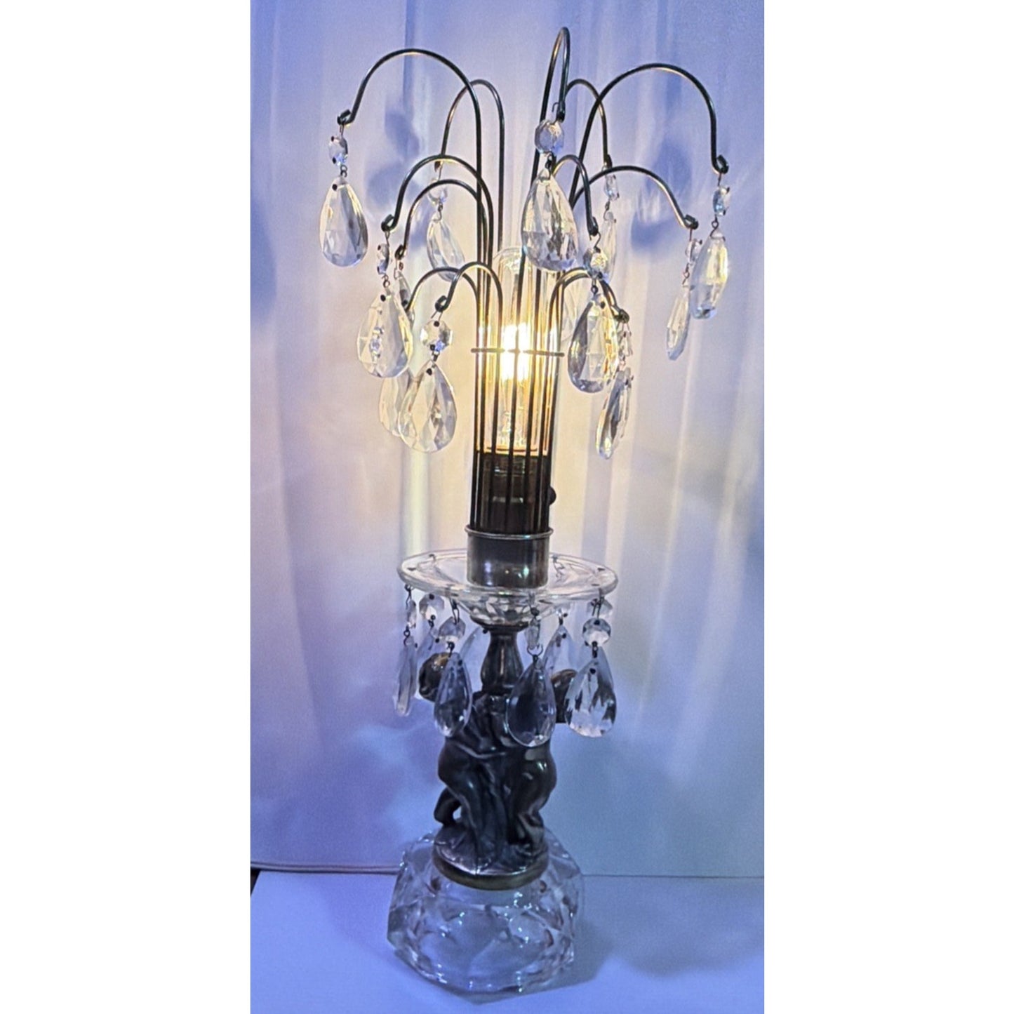 MCM Hollywood Regency Crystal Glass Brass Metal Waterfall Lamp Cherubs As Is