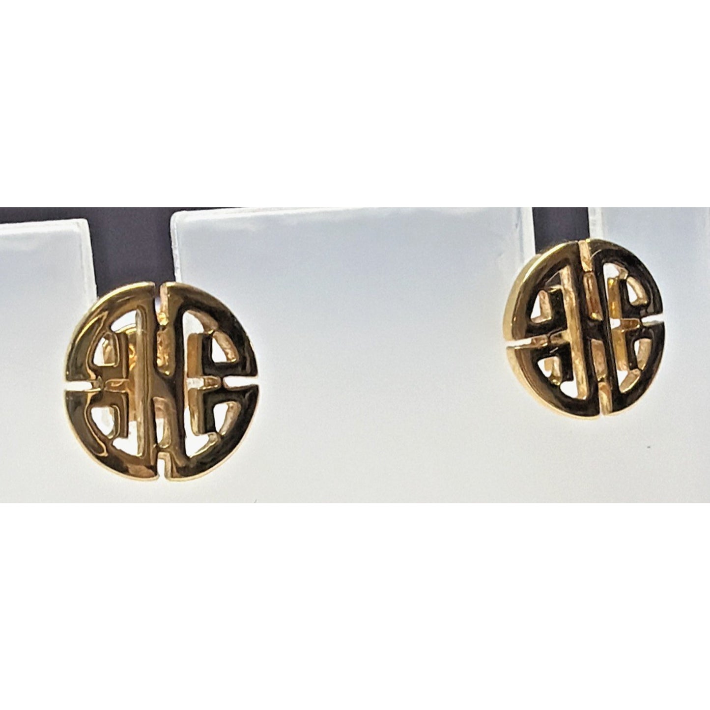Vtg Crown Trifari Gold Plated Asian Inspired Round Earrings Longevity Post Stud