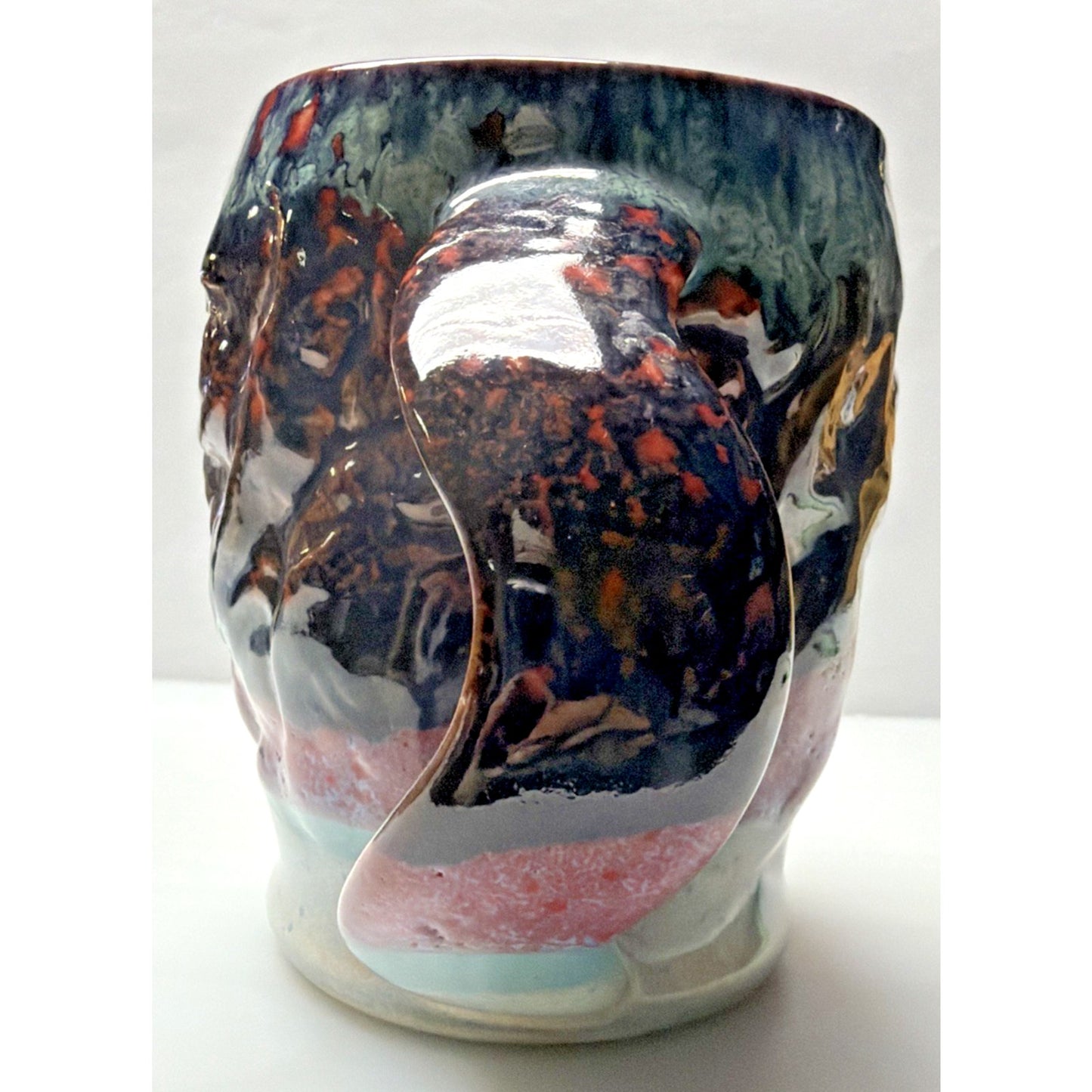 Vintage Studio Art Pottery Mug Glazed Twisted Handle Brown Blue Glazed Signed