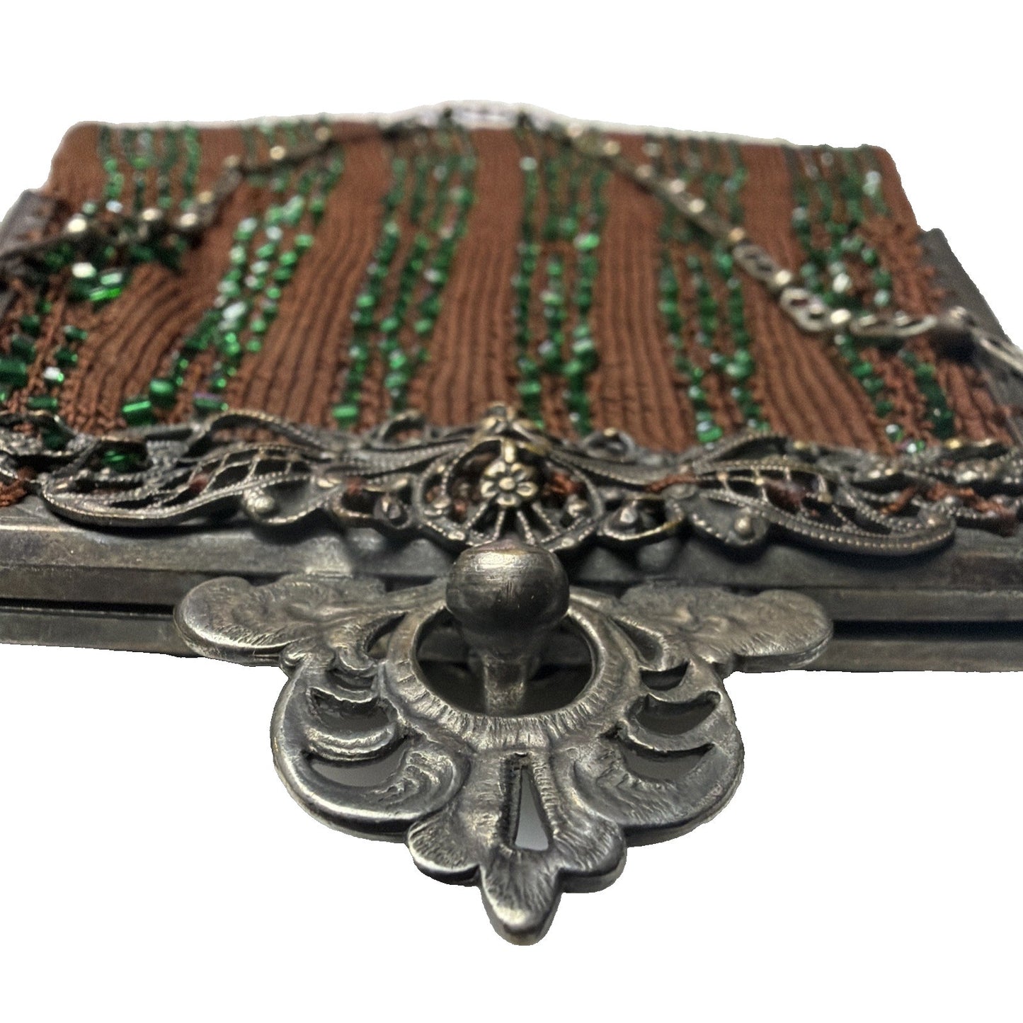 Antique Crochet Brown Green Micro Bead Purse Ornate Metal Frame Kiss Lock Strap