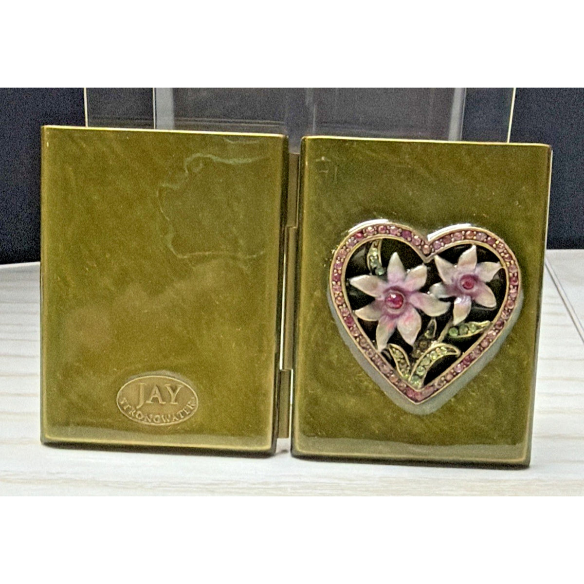 Jay Strongwater Folding Travel Double Picture Frame Heart Flowers Jeweled Green
