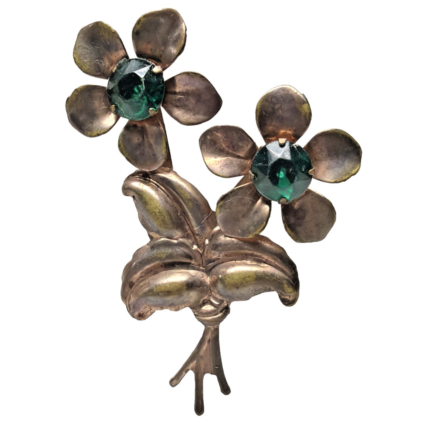 Vintage Copper Floral Flower Brooch Large Green Emerald Rhinestone