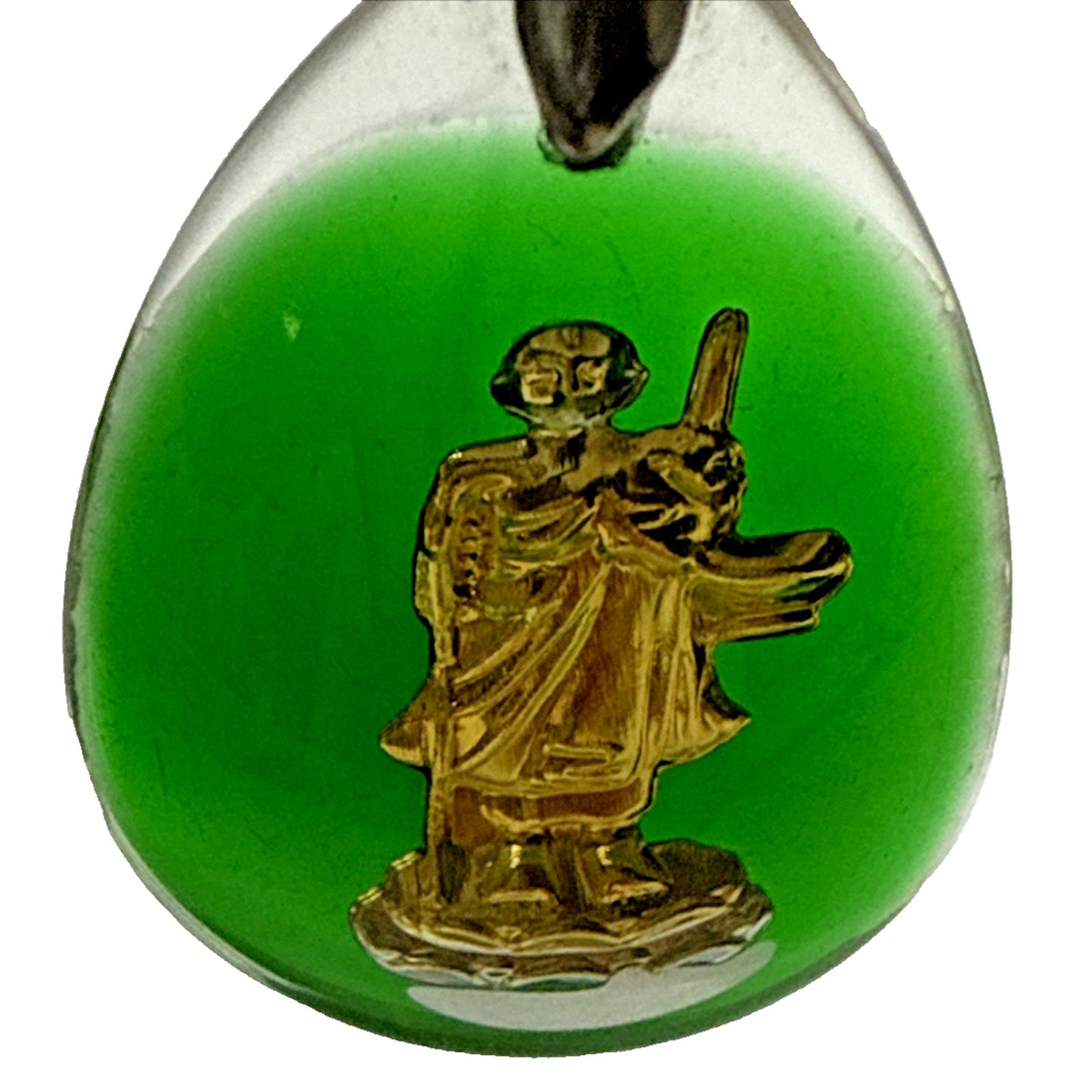 Vintage Green Lucite Resin Encased Gold Buddha 18k GP Amulet Pendant As-Is