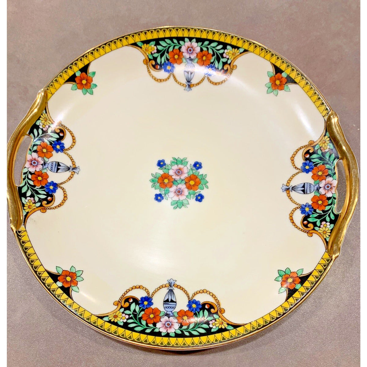 Art Deco Noritake Morimura Japan Hand Painted Serving Plate Handles Black Floral