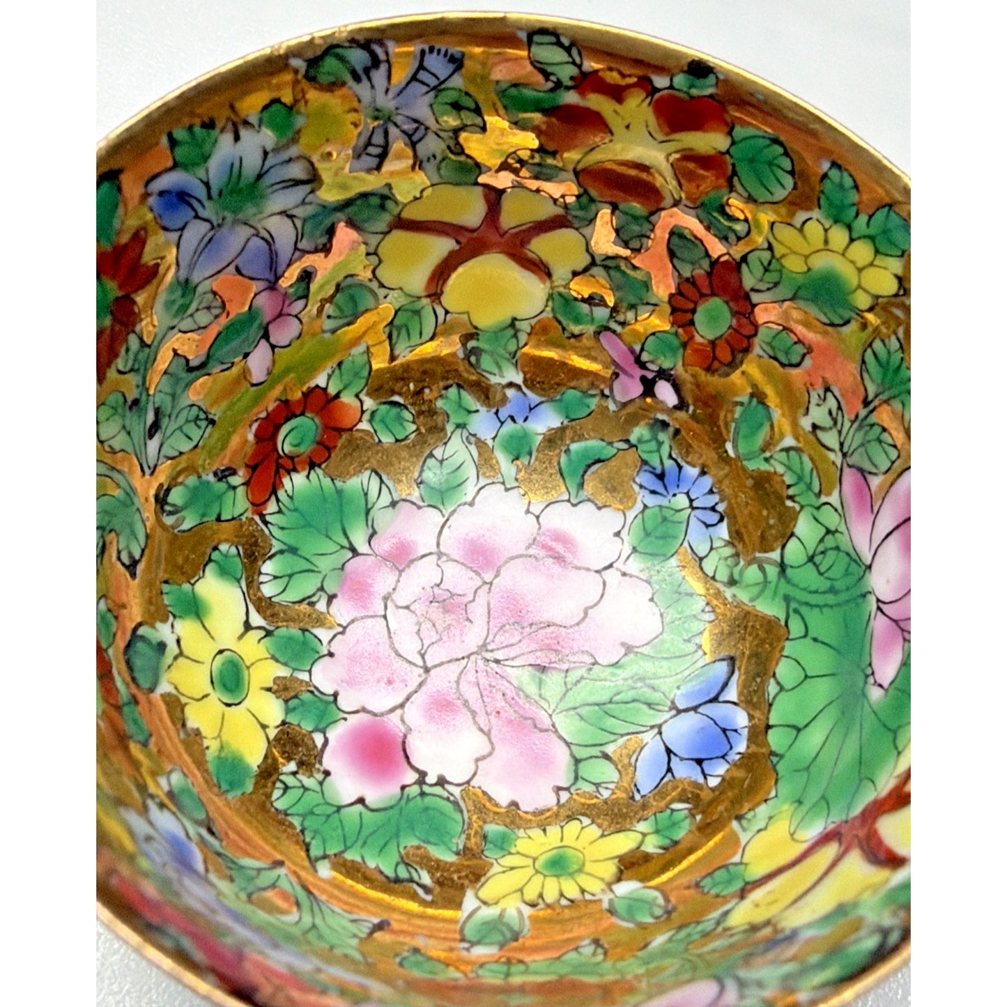 Old Eggshell Porcelain Gilt Enamel Chinese Famille Rose Mille Fleurs Wine Sake