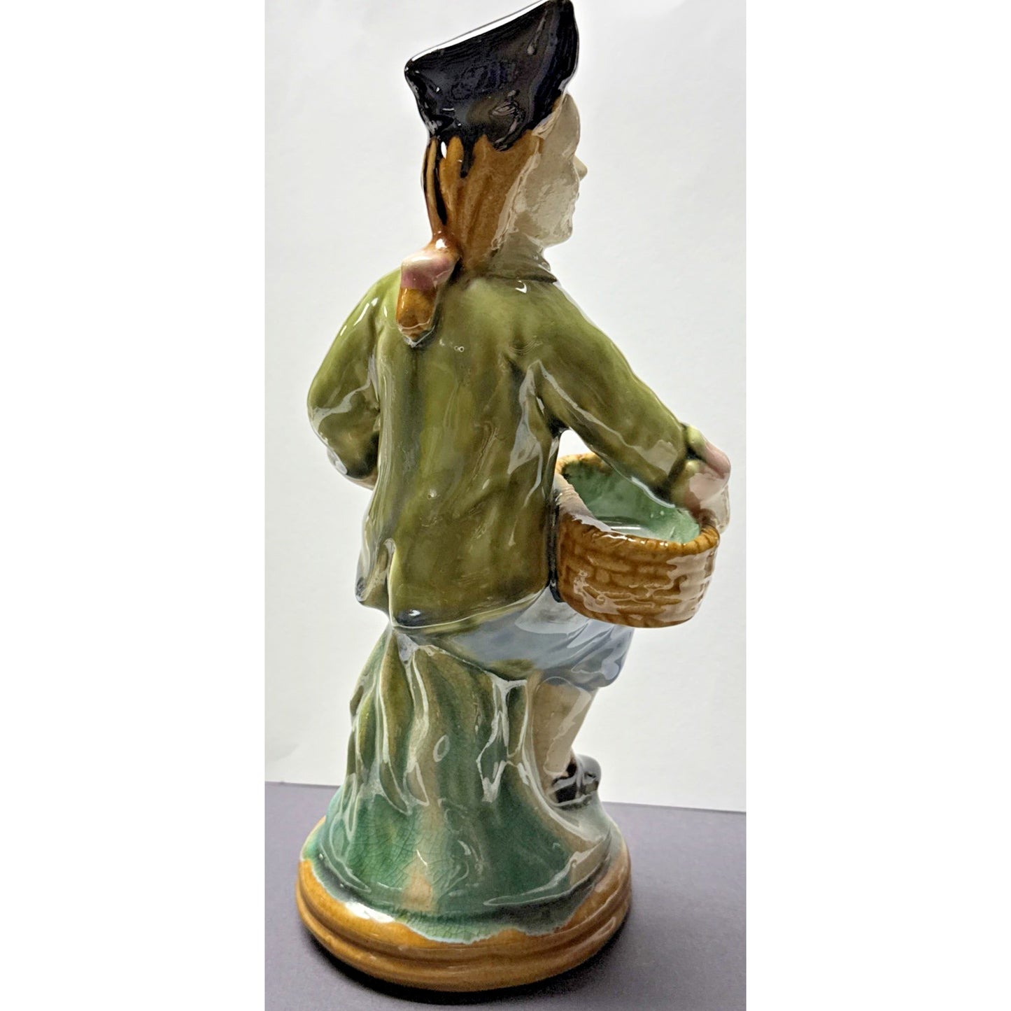 Vintage Majolica Pottery Glazed Crackle Man Holding Basket Sitting Signed As Is