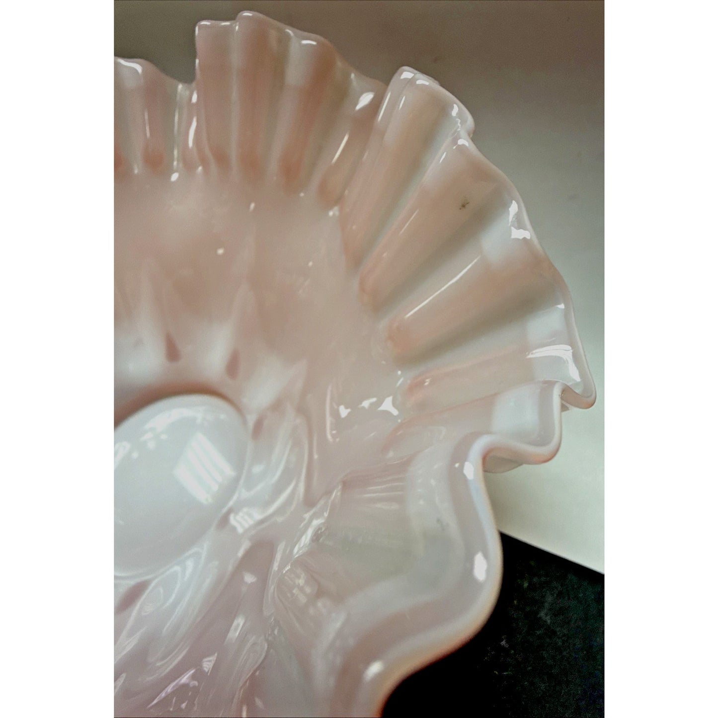 Vintage Fenton Glass Rose Overlay Pink Melon Bowl Crimped Wavy Edge
