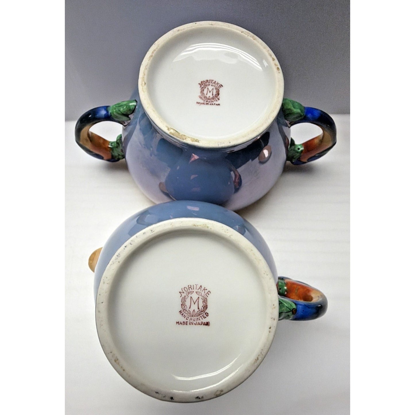 Art Deco Noritake Morimura Lusterware Figural Parrot Handles Creamer Sugar Bowl
