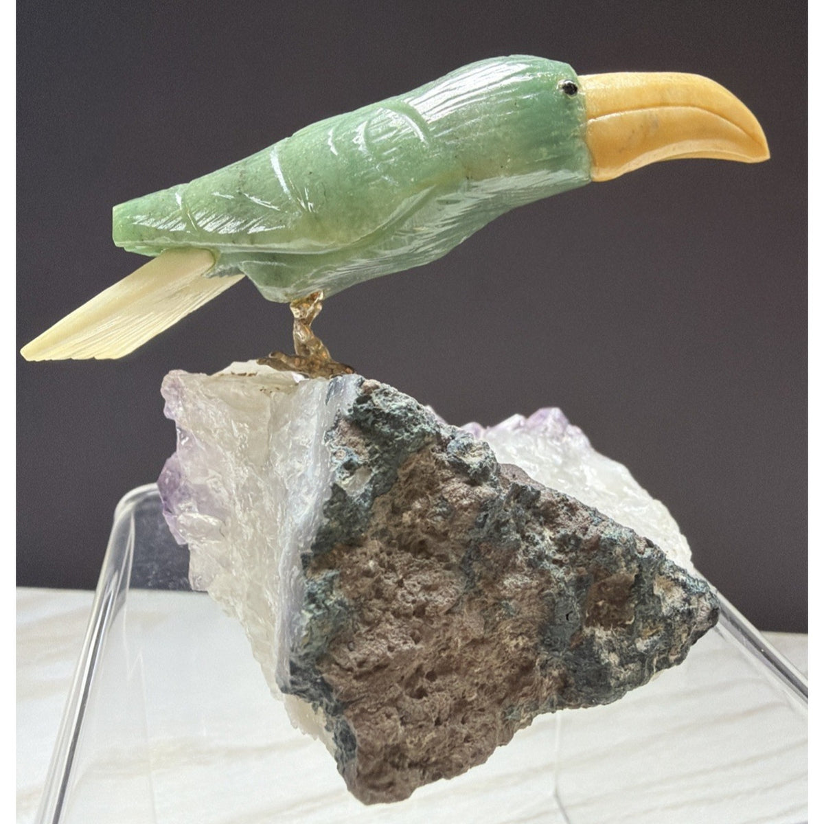 Vintage Brazilian Green Stone Toucan Bird Sculpture Amethyst Crystal Base As Is